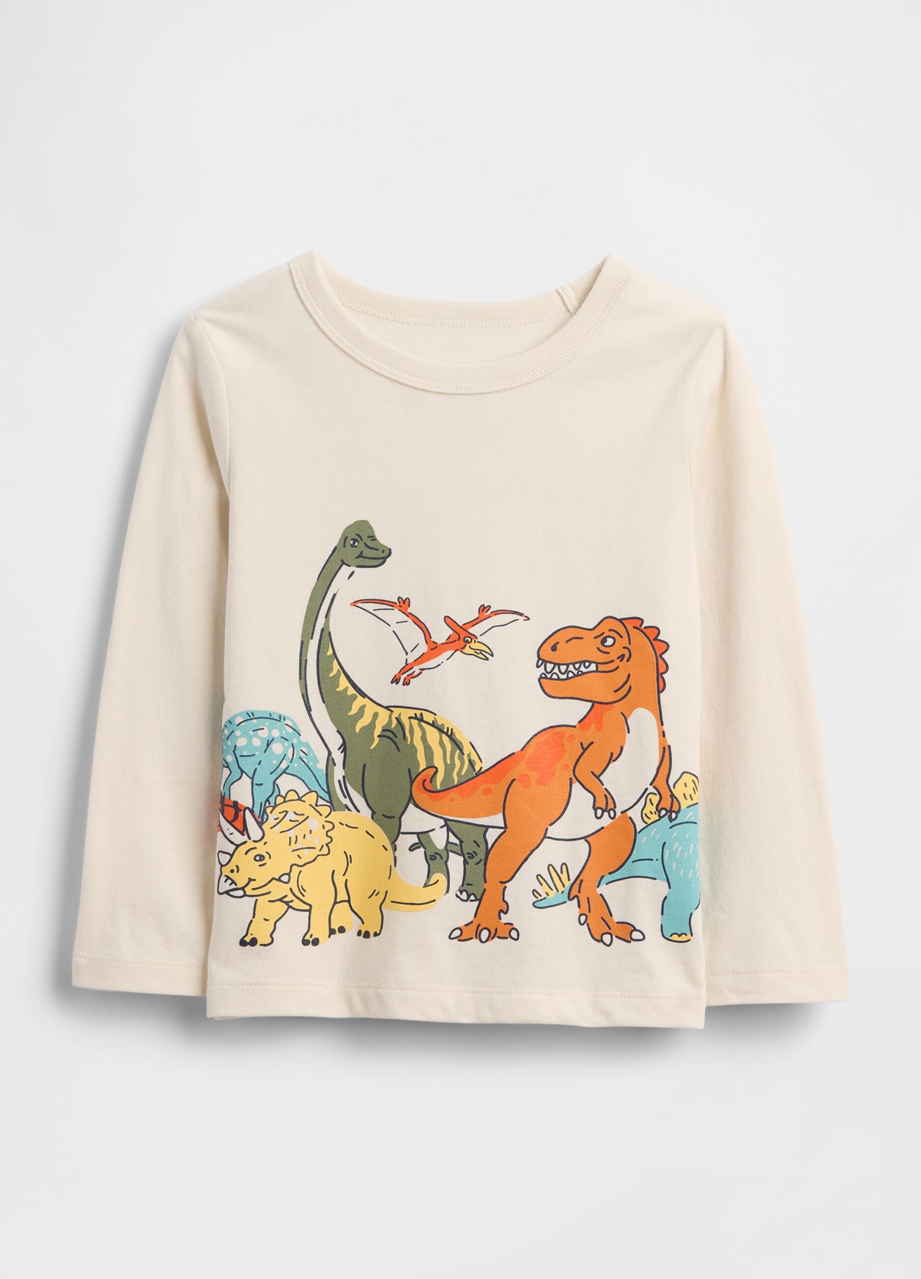 Beige long-sleeve t-shirt with dinosaur graphic