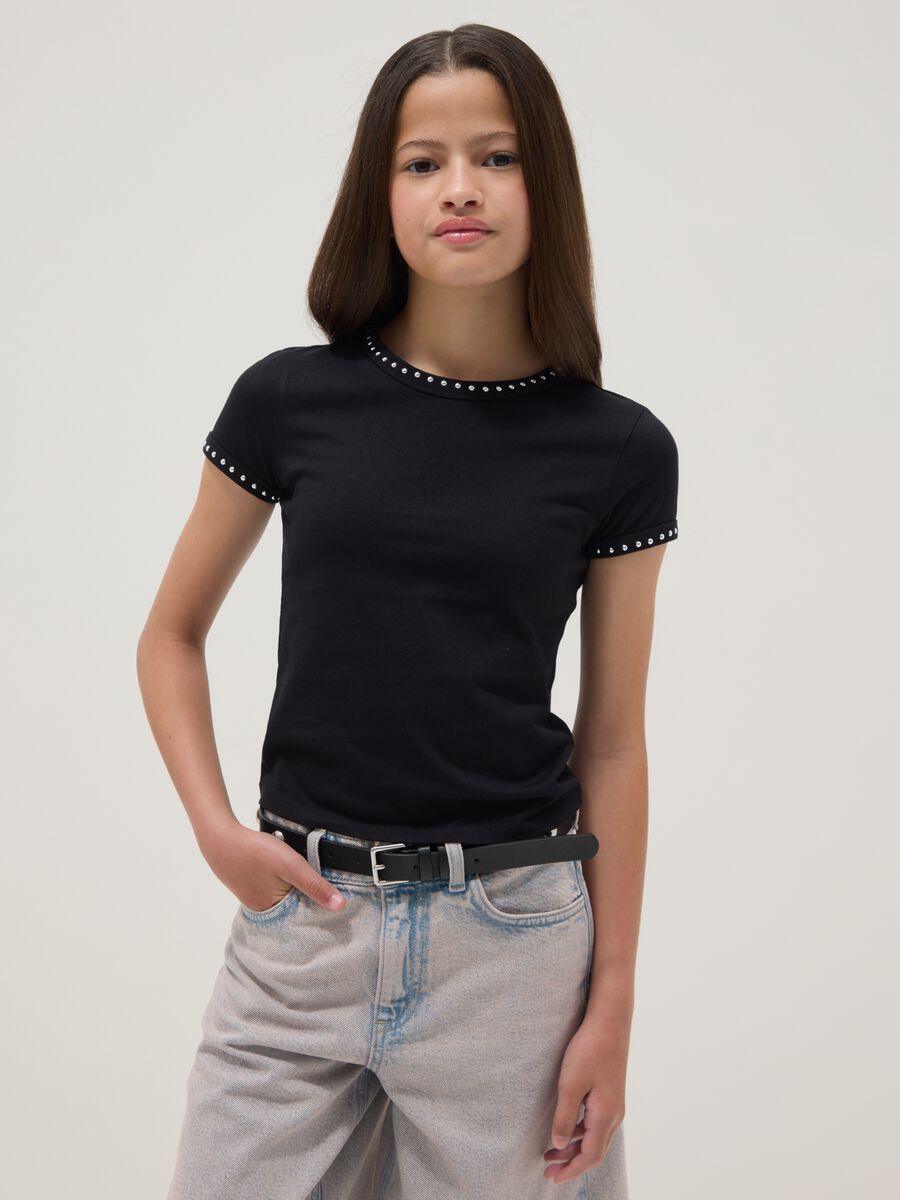 Black pure cotton slim-fit T-shirt with rhinestones for girls_0