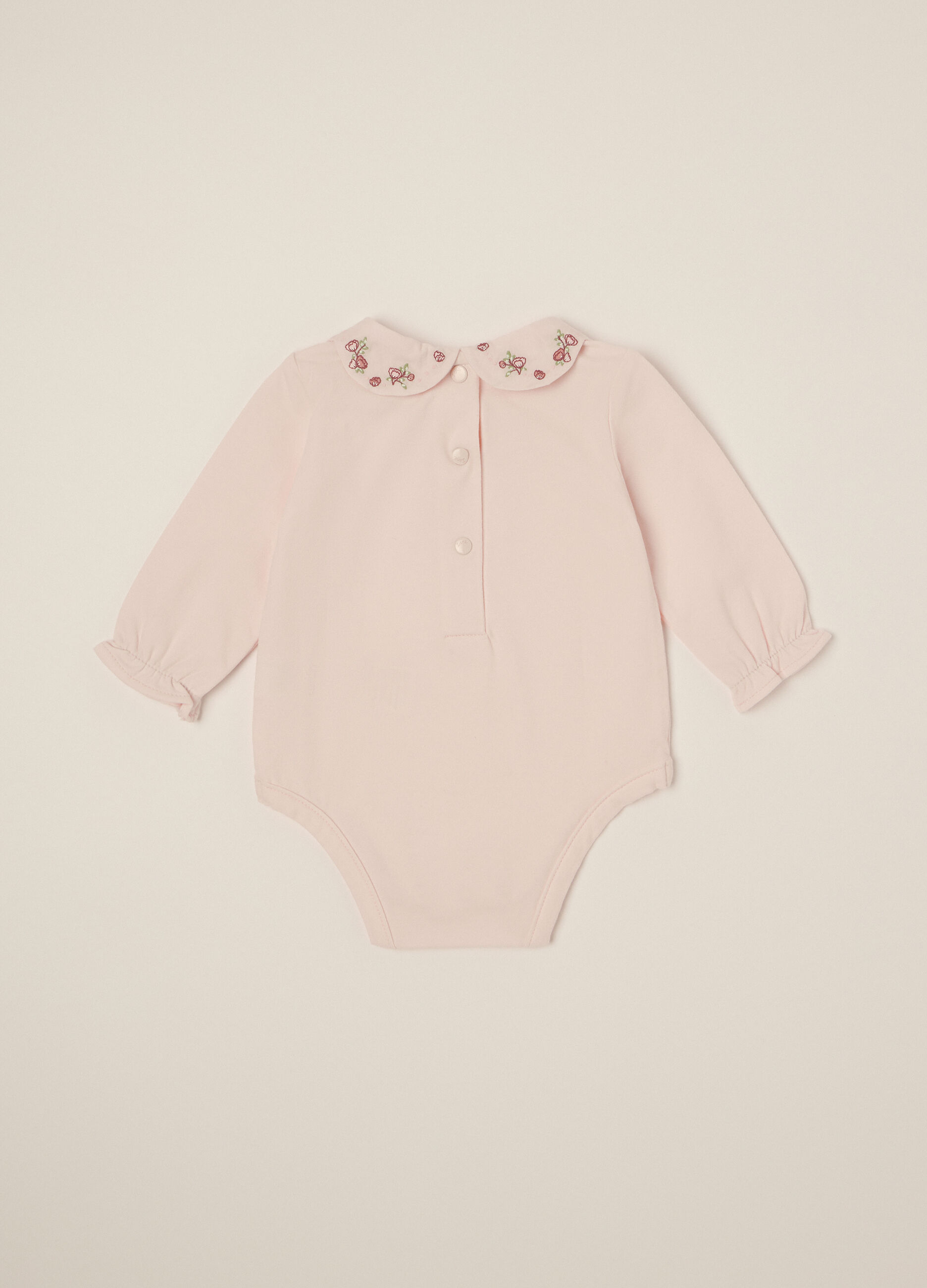 Pink stretch cotton bodysuit with embroidery