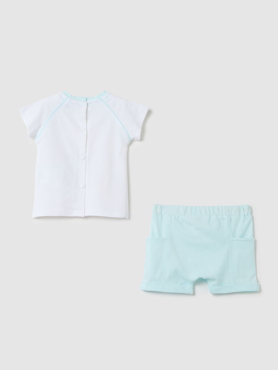 White and light blue shorts and T-shirt set in organic cotton with print_1