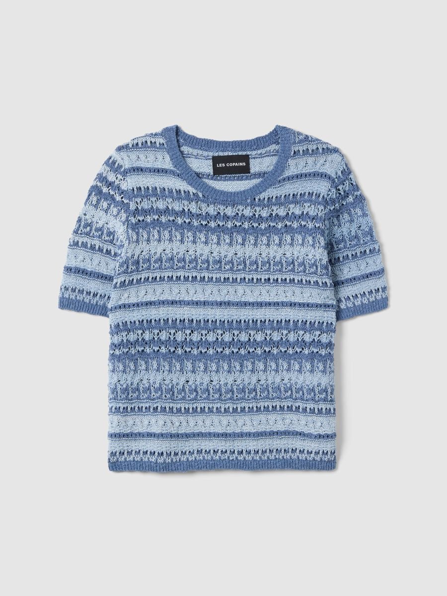 Blue cotton-blend regular fit knit patterned sweater_0