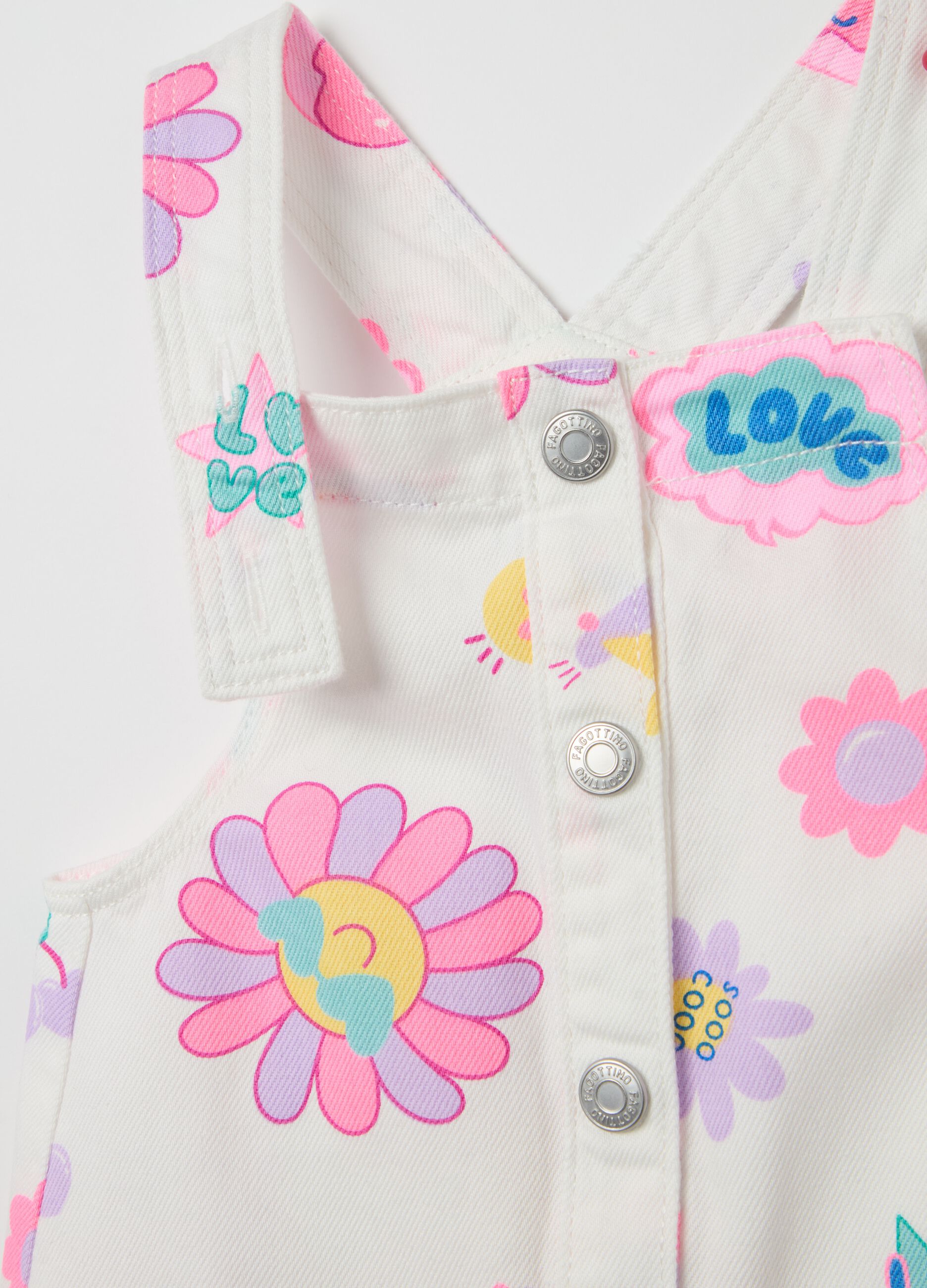 Salopette gonna in denim con stampa fiori 