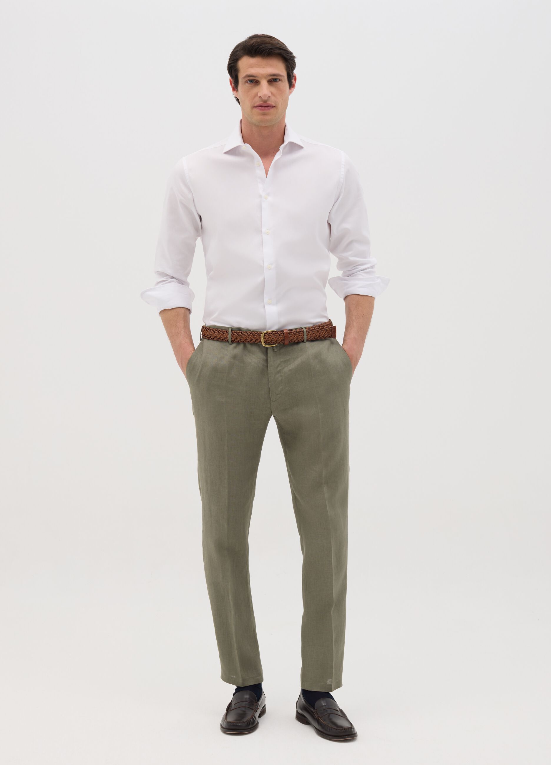 Pantaloni da uomo in puro lino verde slim fit