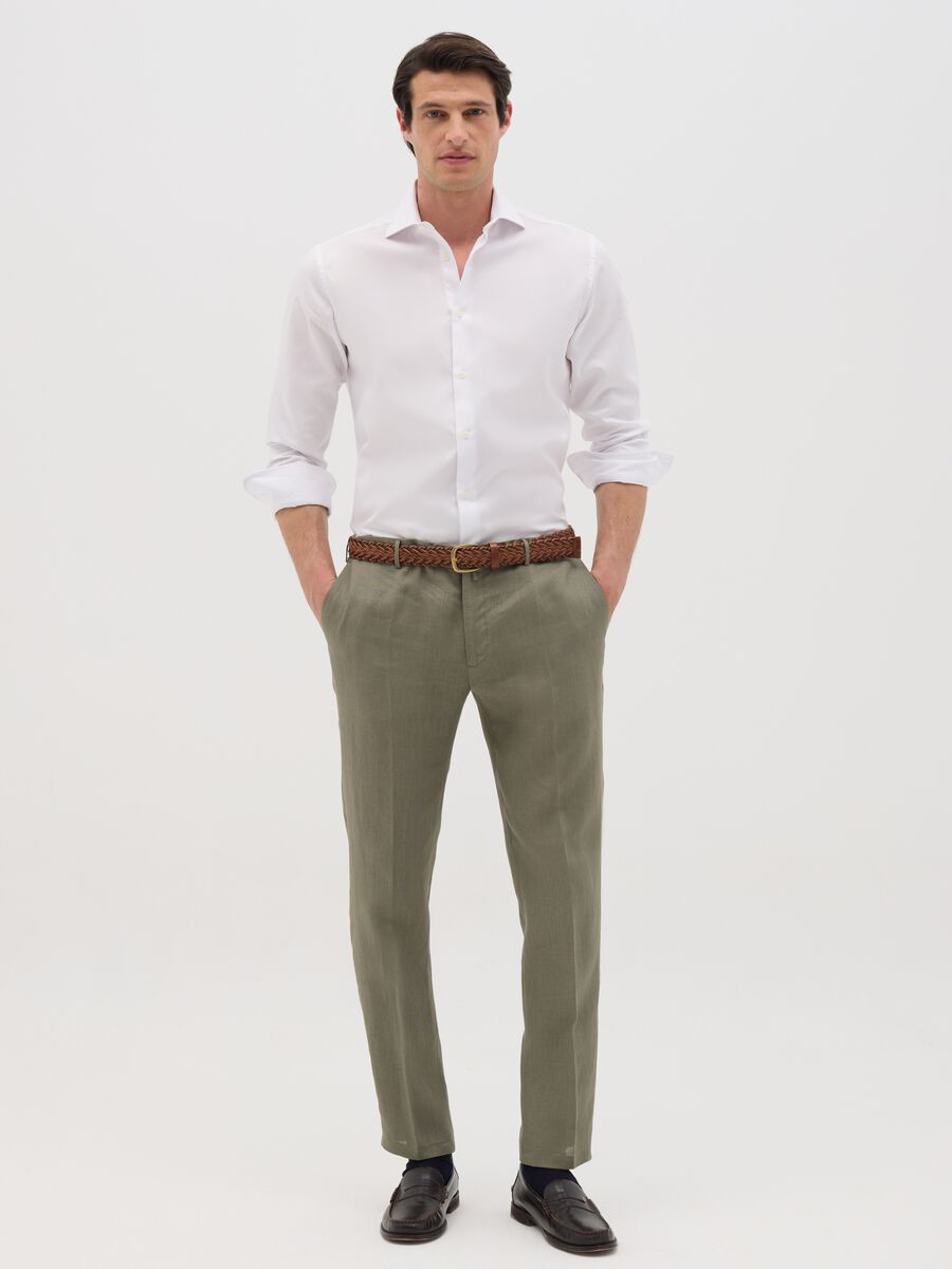 Men’s green slim-fit trousers in 100% linen_0