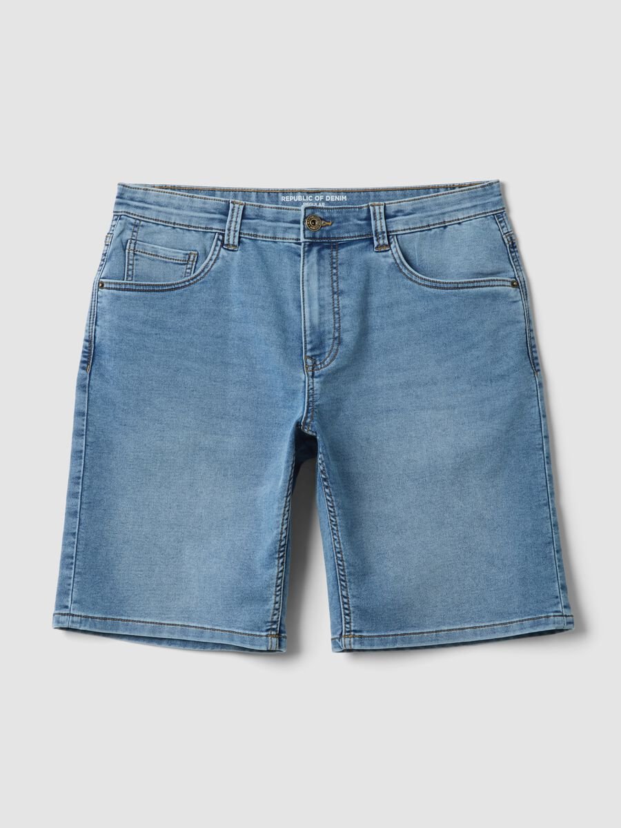 Blue stretch cotton-blend denim shorts, regular fit_0