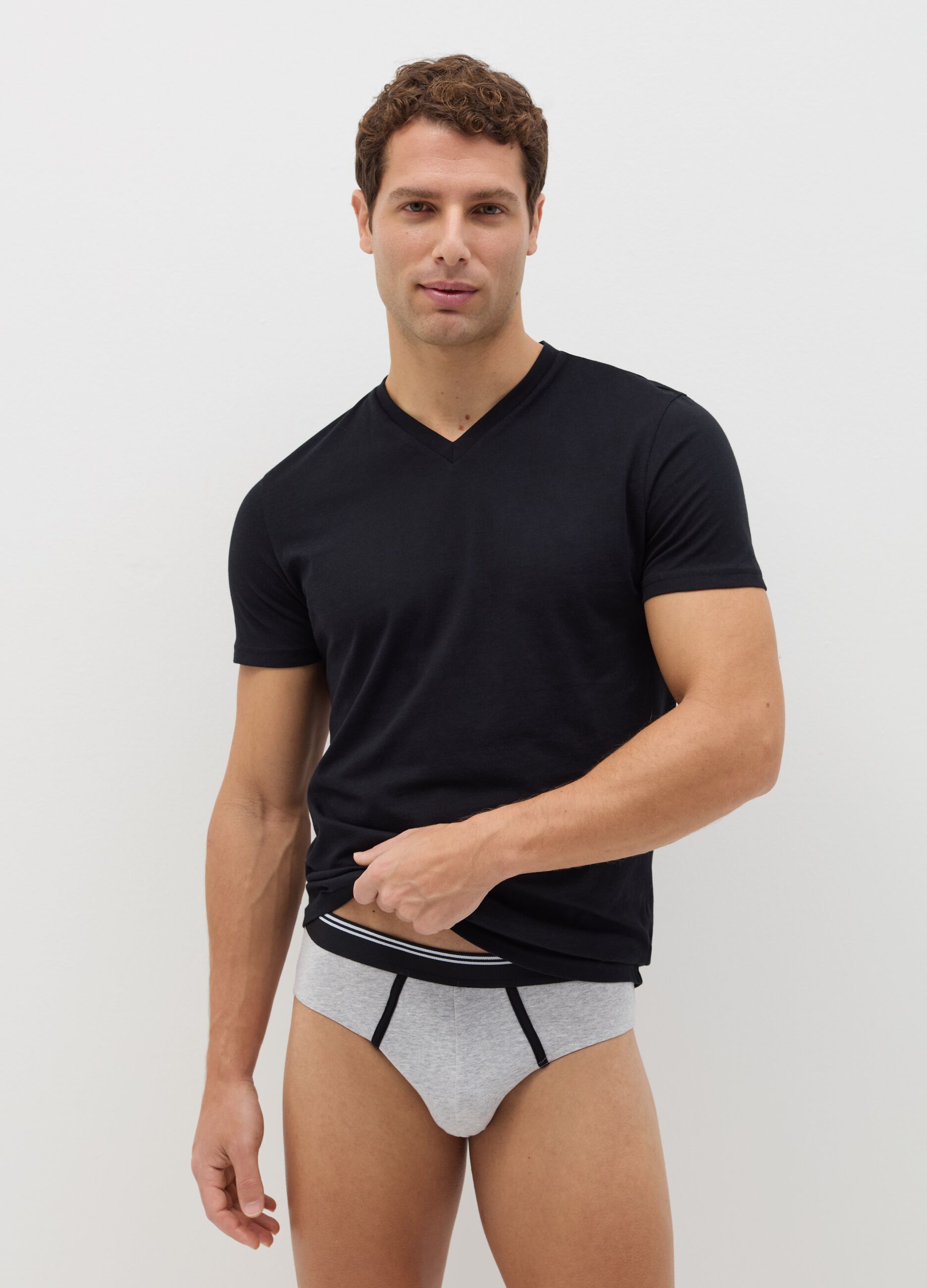 Three-pack briefs in stretch cotton with striped detail