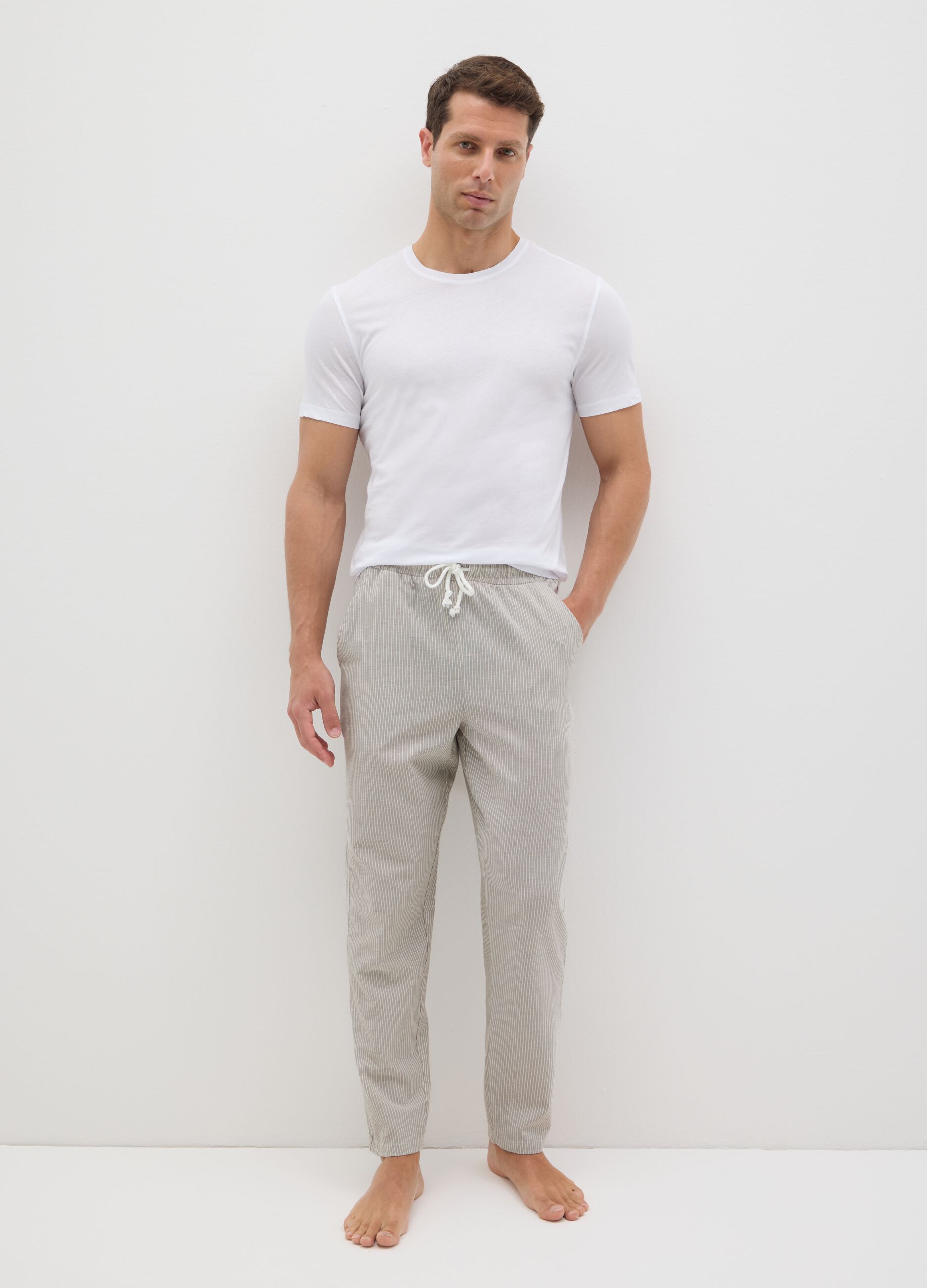Men's pure cotton beige trousers regular fit with drawstring