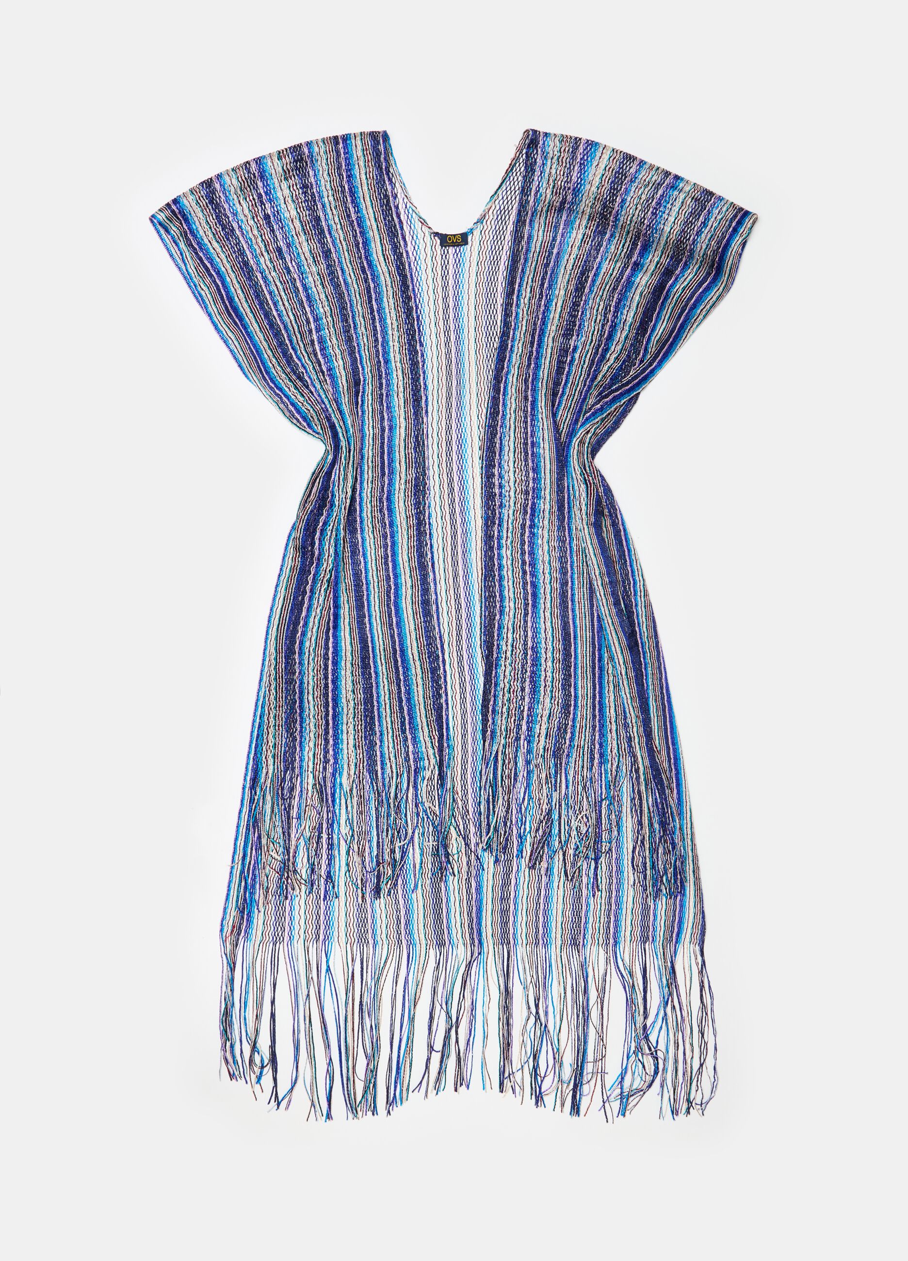 Beach cover-up cape with stripes and fringing