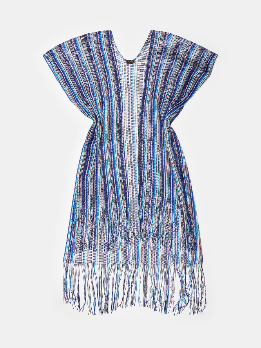 Beach cover-up cape with stripes and fringing_0