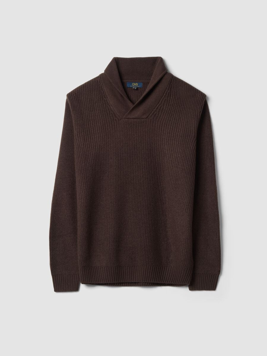 Brown ribbed shawl-collar jumper, regular fit_0