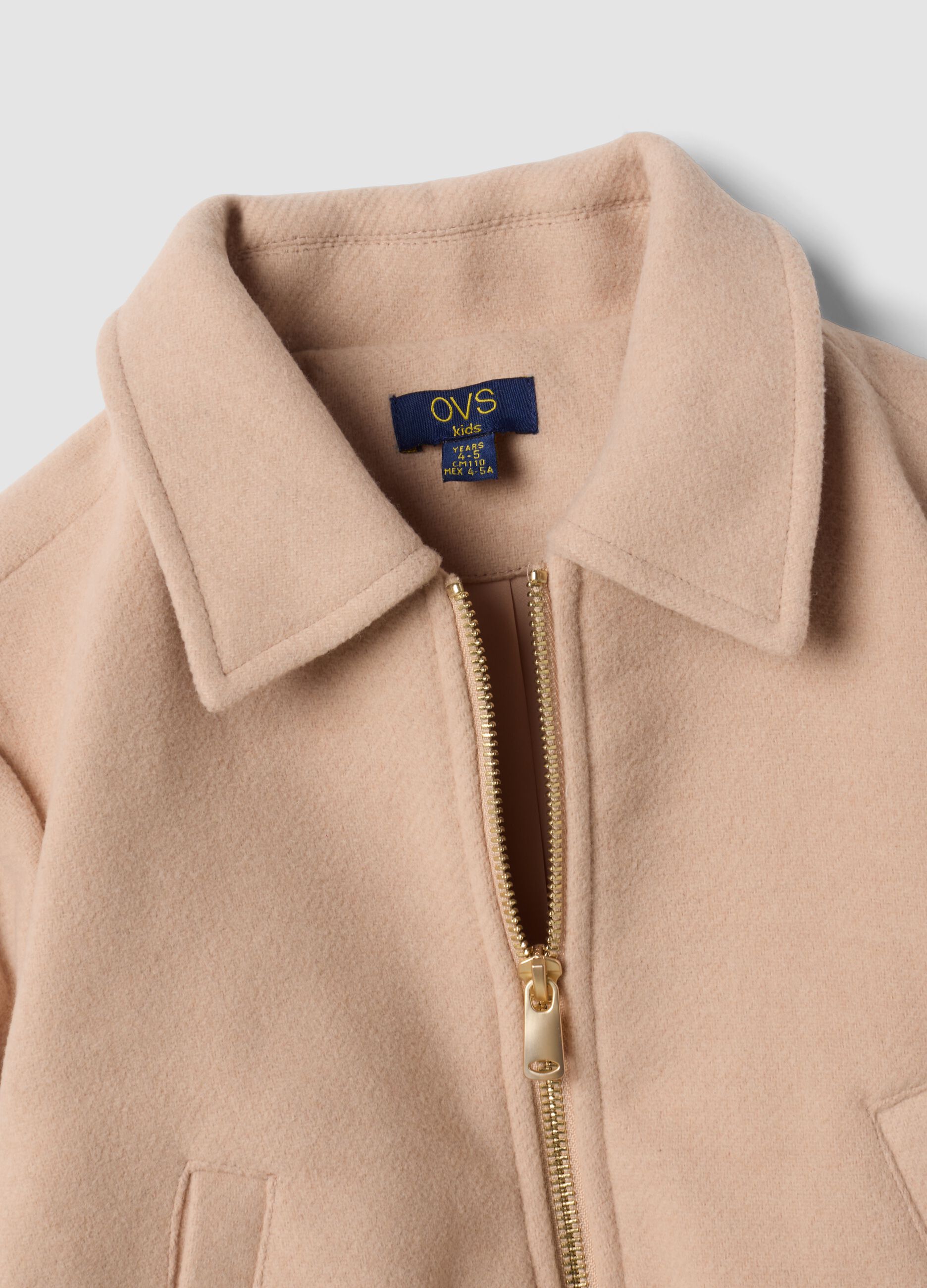 Beige wool-blend jacket with zip and floral embroidery