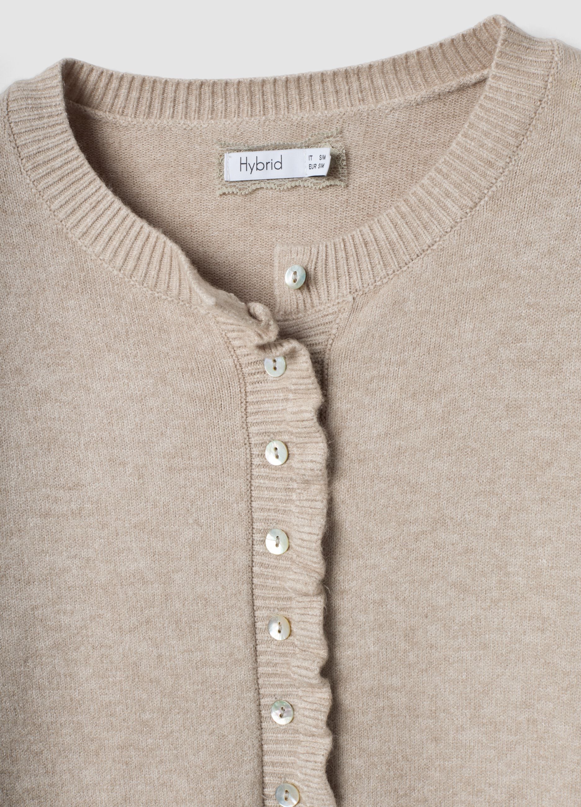 Beige viscose-blend cardigan with ruffles, regular fit