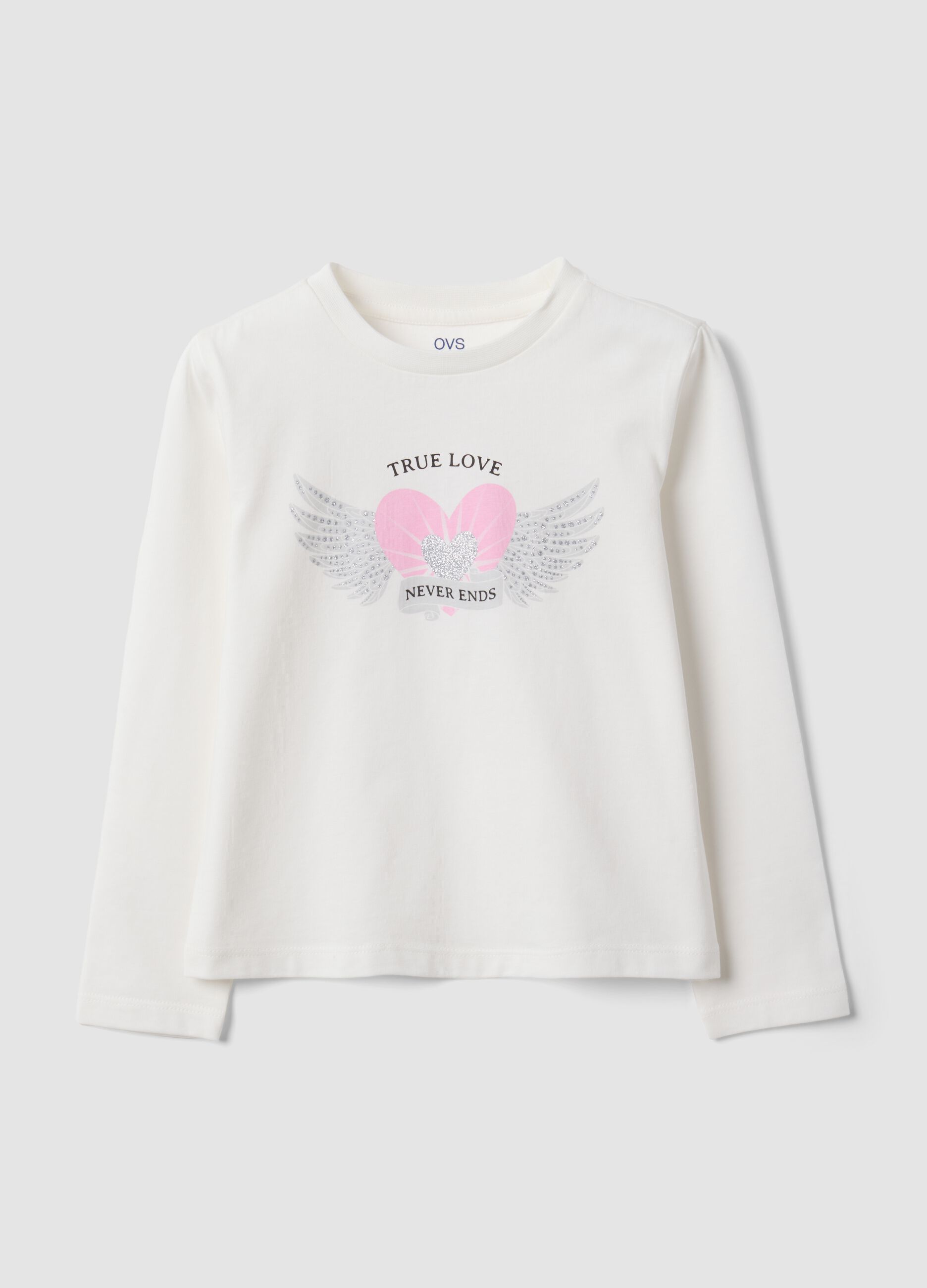T-shirt bianca in puro cotone organico con stampa cuore e ali per bambina