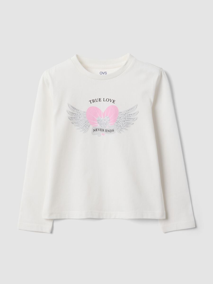 T-shirt bianca in puro cotone organico con stampa cuore e ali per bambina_0