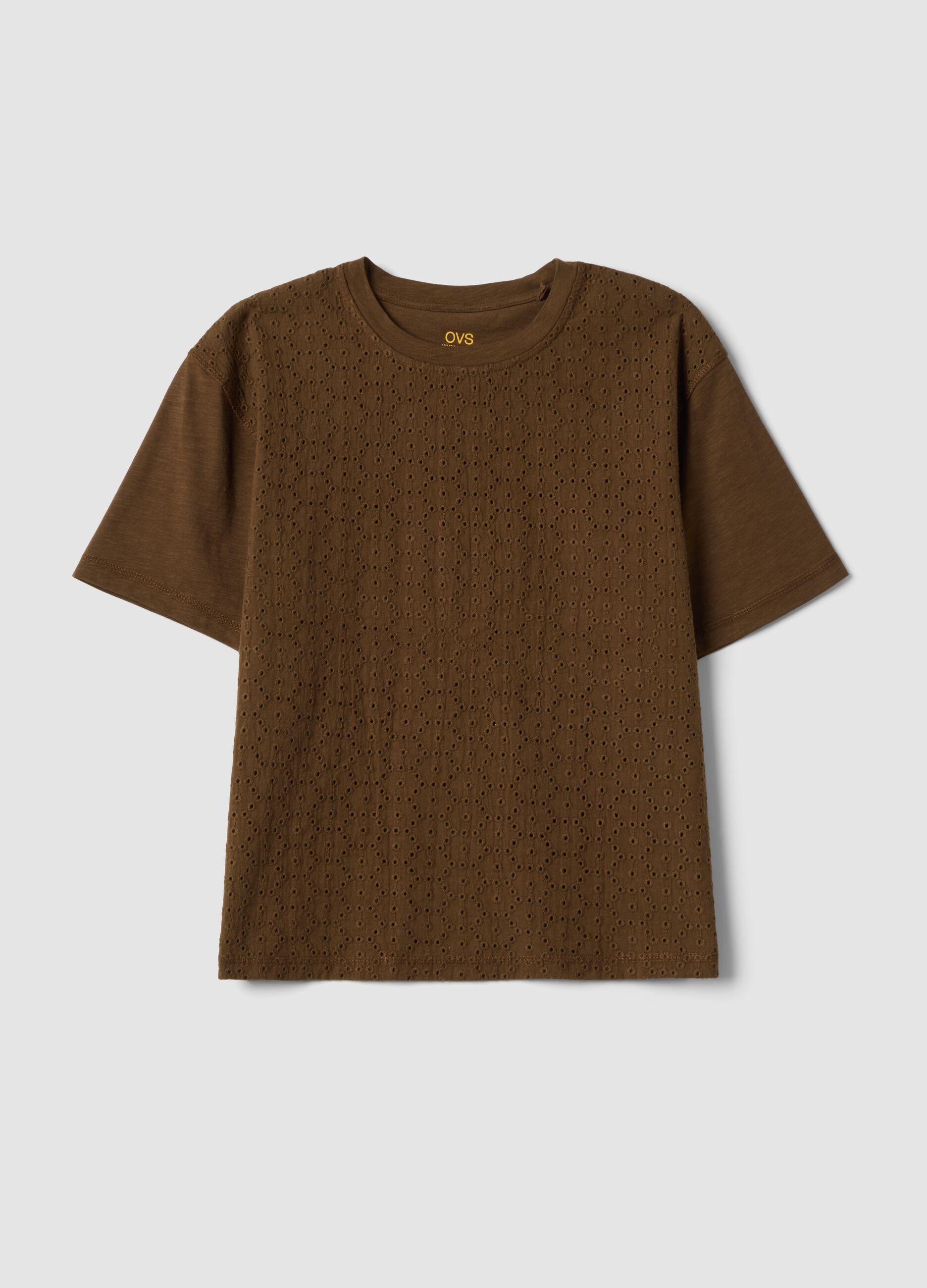 Brown pure cotton T-shirt with broderie anglaise embroidery