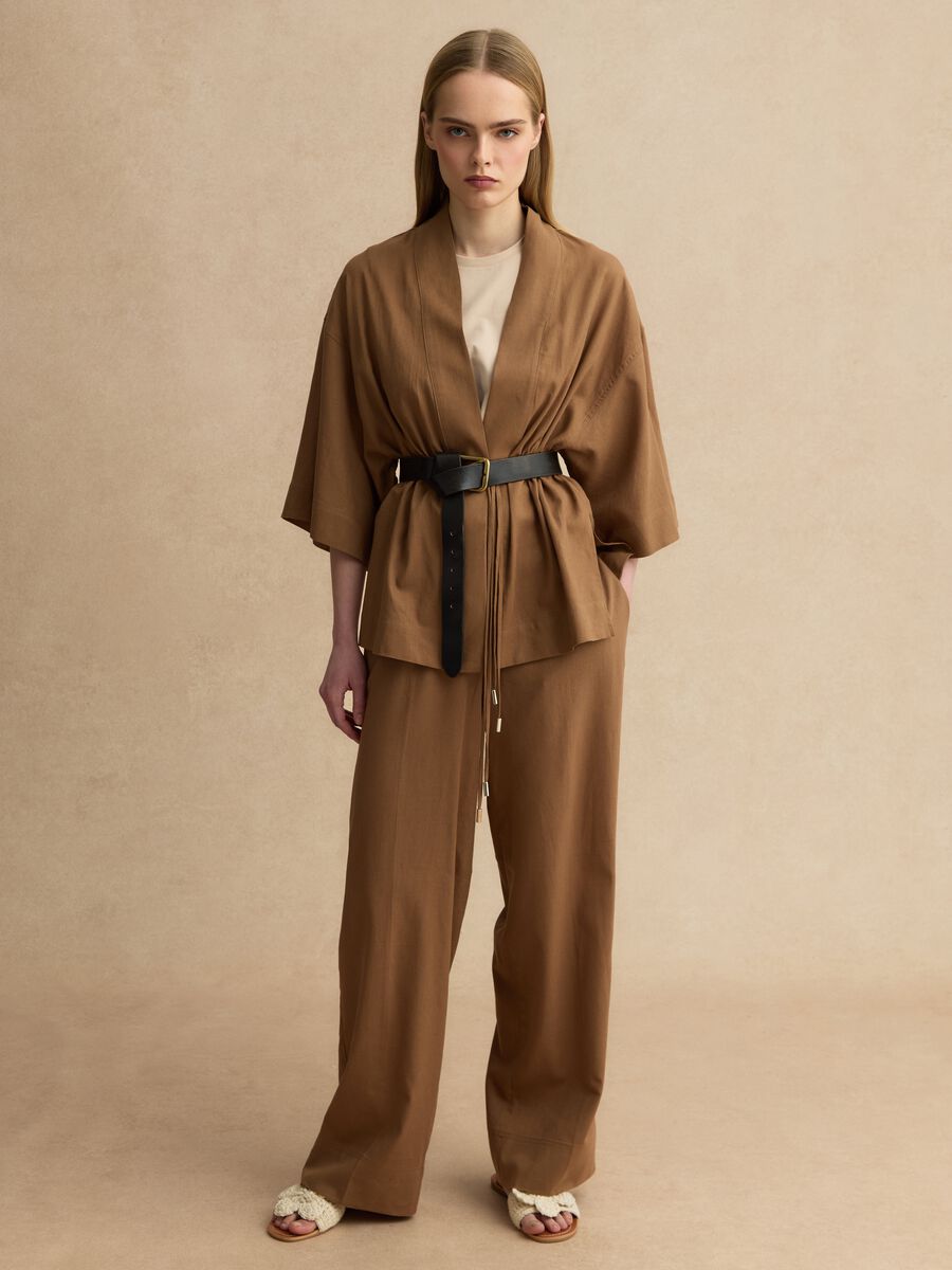 Brown linen blend regular fit blazer with ties_1