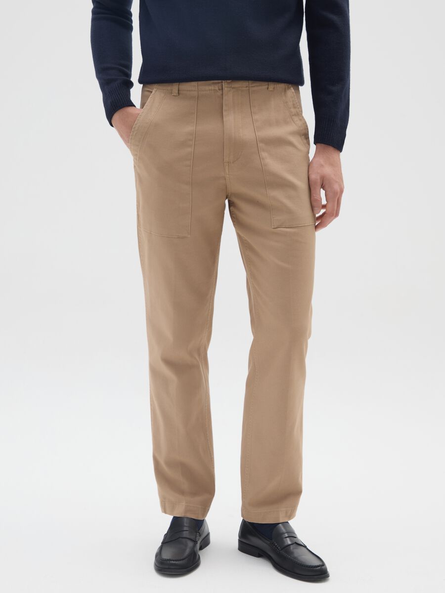 Beige baggy stretchy cotton blend trousers_1