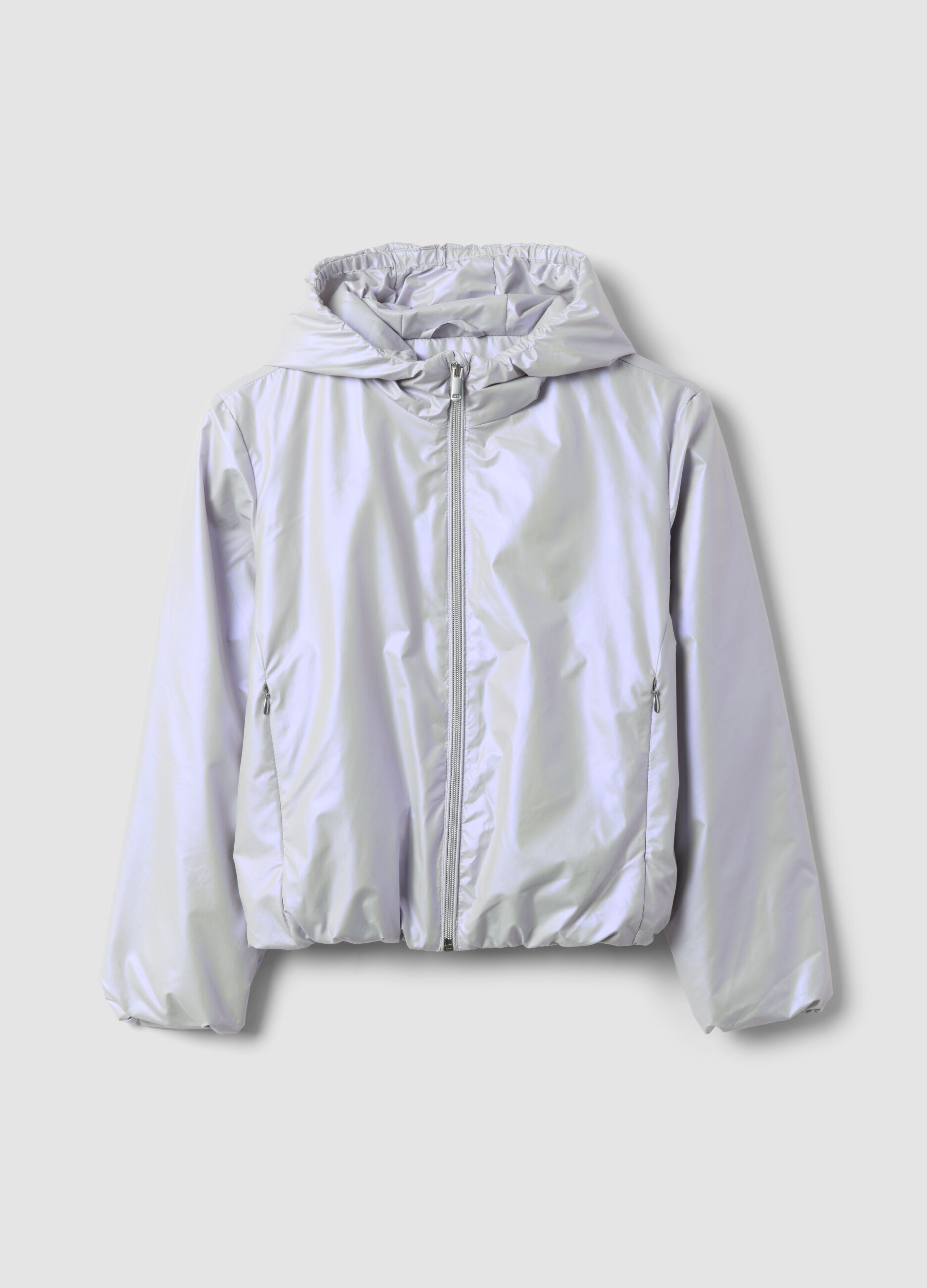Grey hooded rain jacket with zip for girls