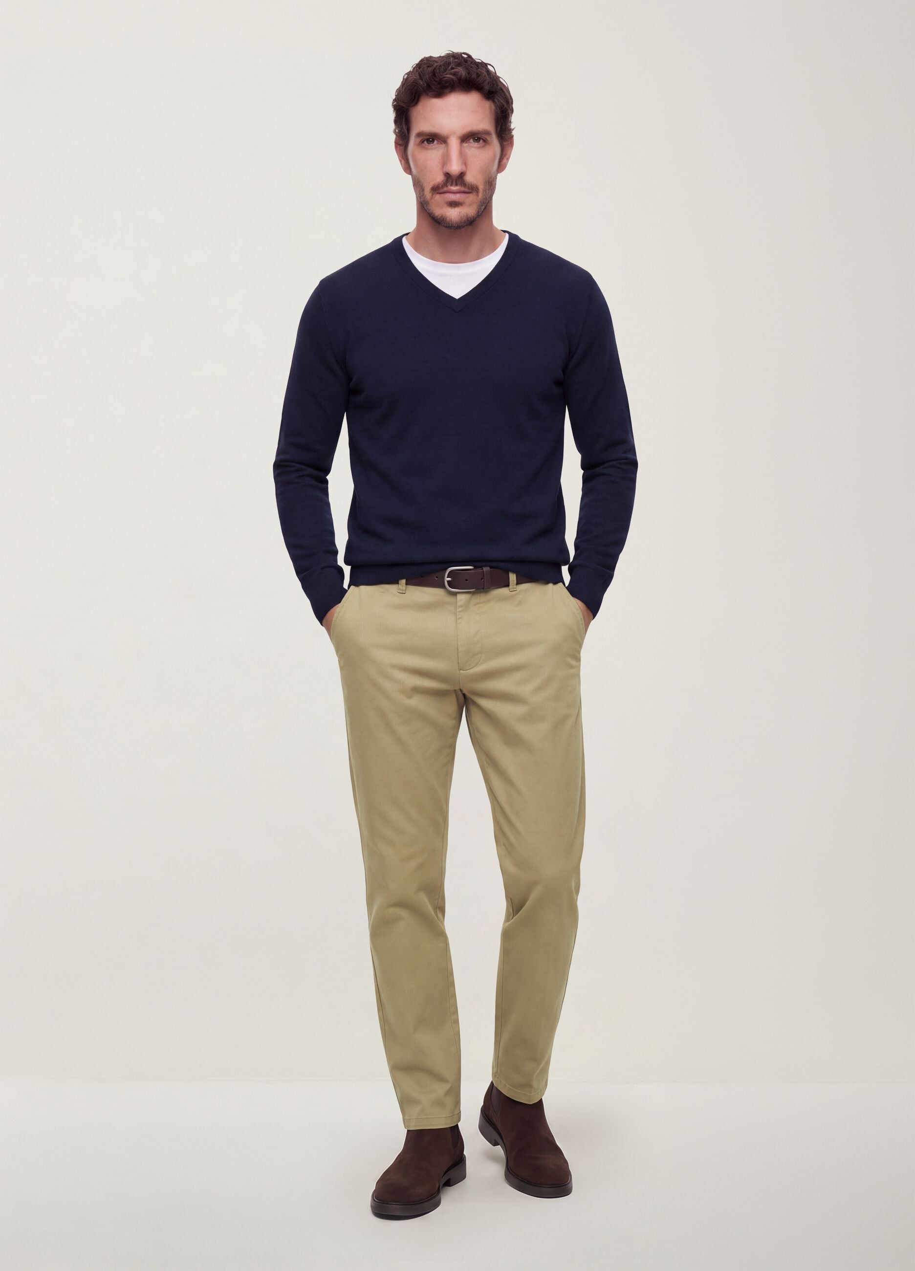Beige slim-fit stretch cotton twill chino trousers
