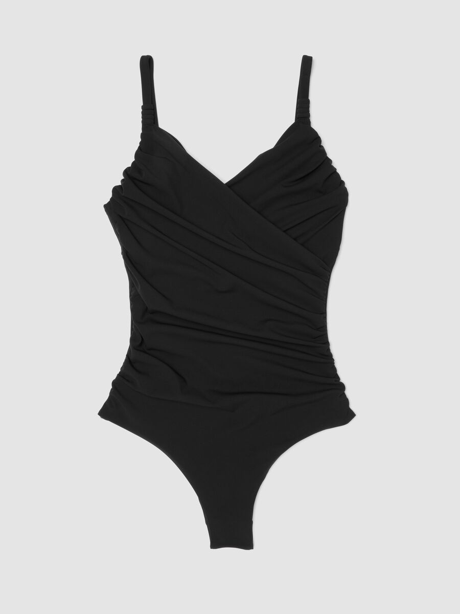 Black draped stretch swimsuit with shaping effect_0