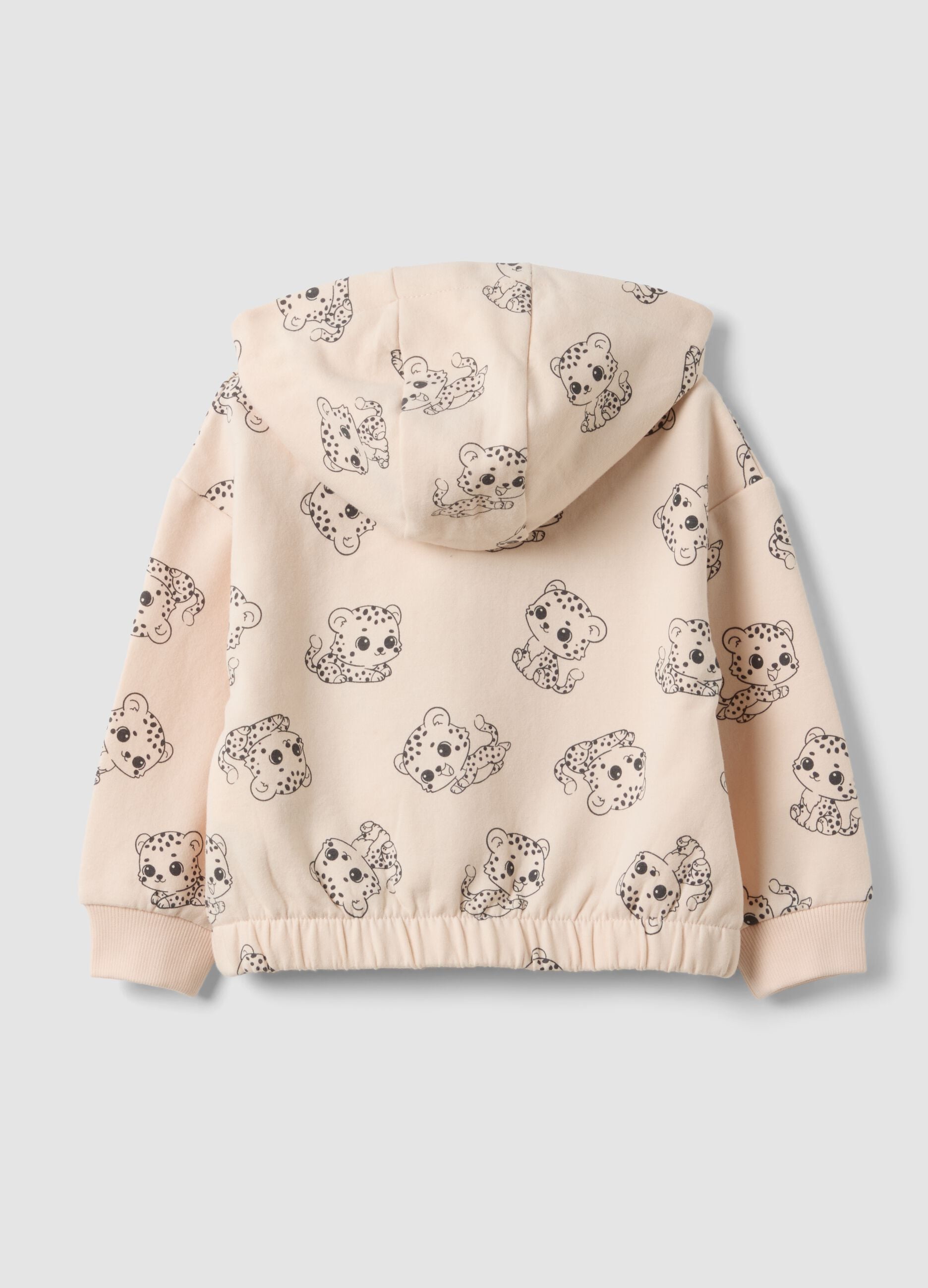 Felpa rosa con cappuccio in cotone elasticizzato con zip e stampa all over per bimba