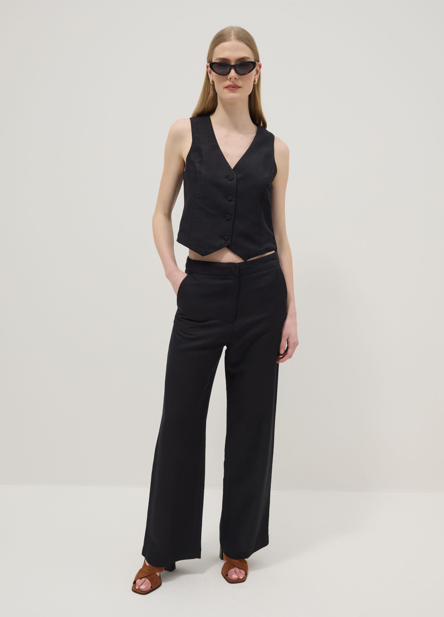 Black linen-viscose blend straight-fit trousers