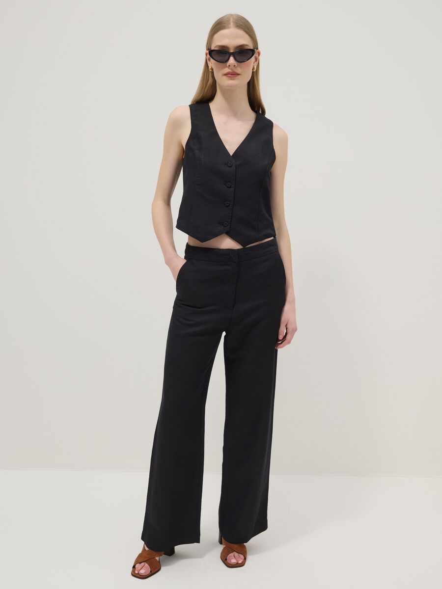 Black linen-viscose blend straight-fit trousers_0