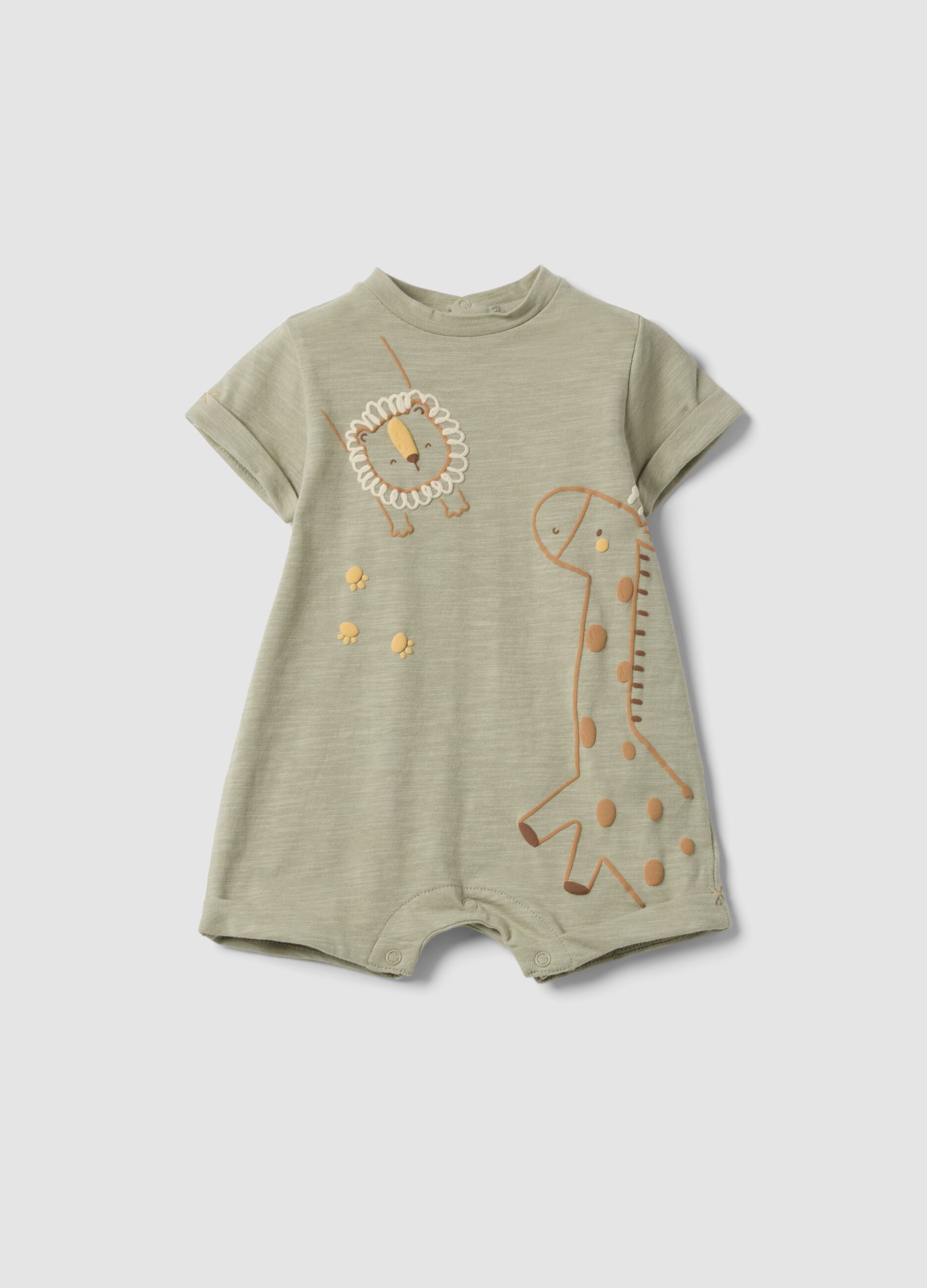 Green organic cotton baby romper with animal print