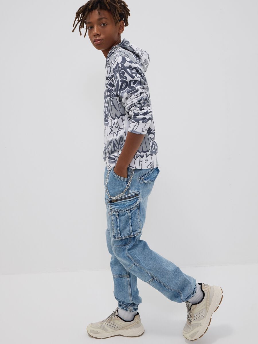 Light blue pure cotton cargo jeans with elasticated waist, relaxed fit_0
