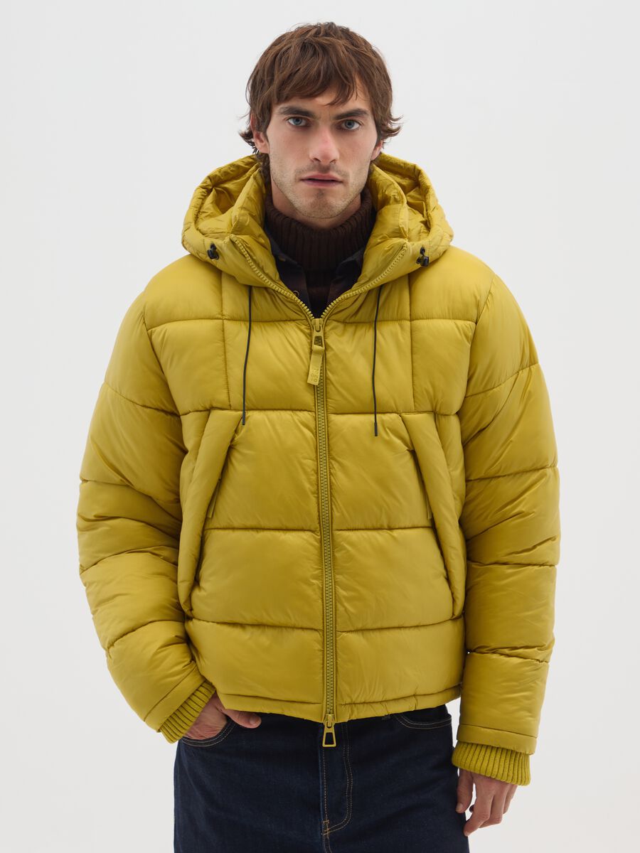 The Iconic Puffer yellow ochre jacket with removable hood_0