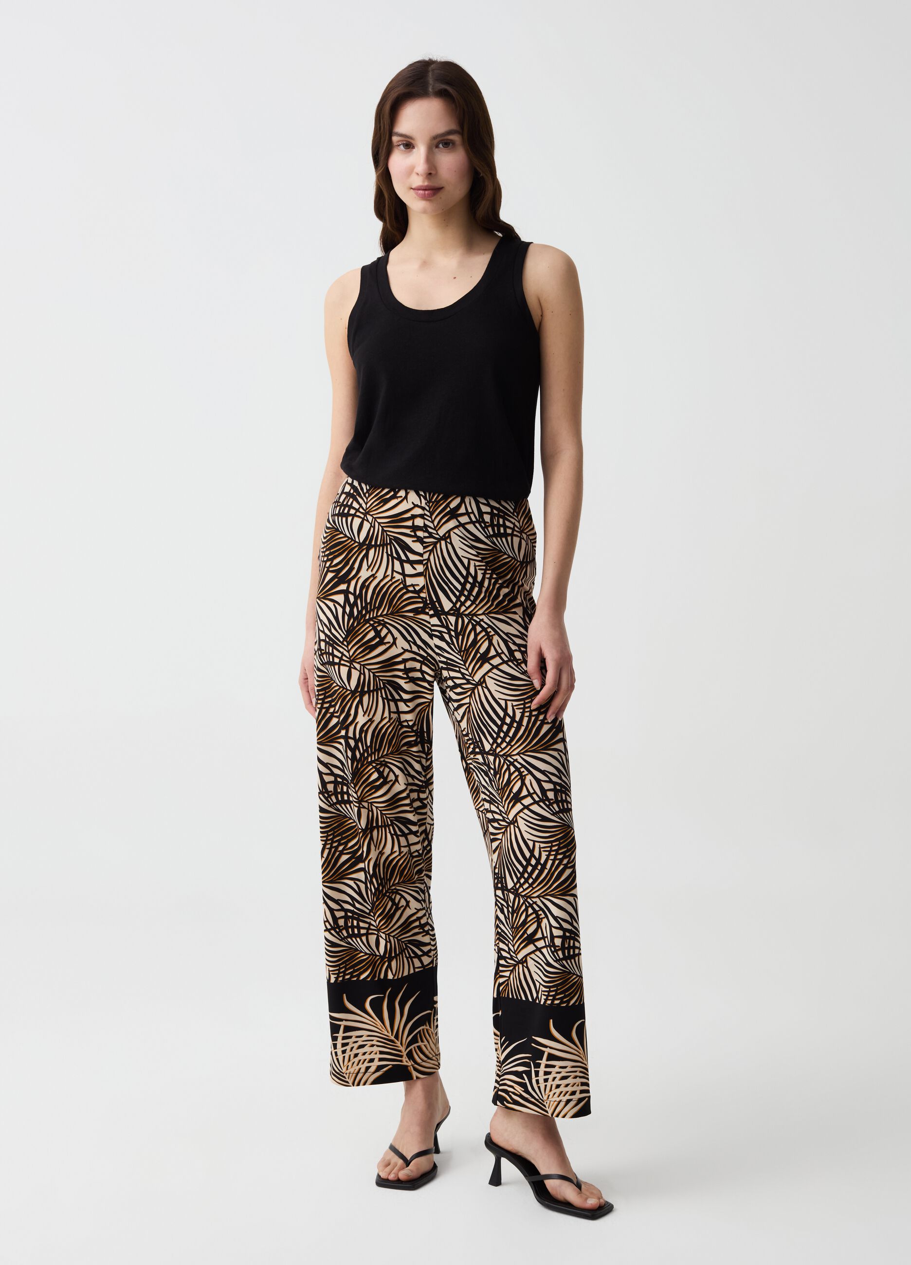 Pantalone wide leg con stampa tropicale