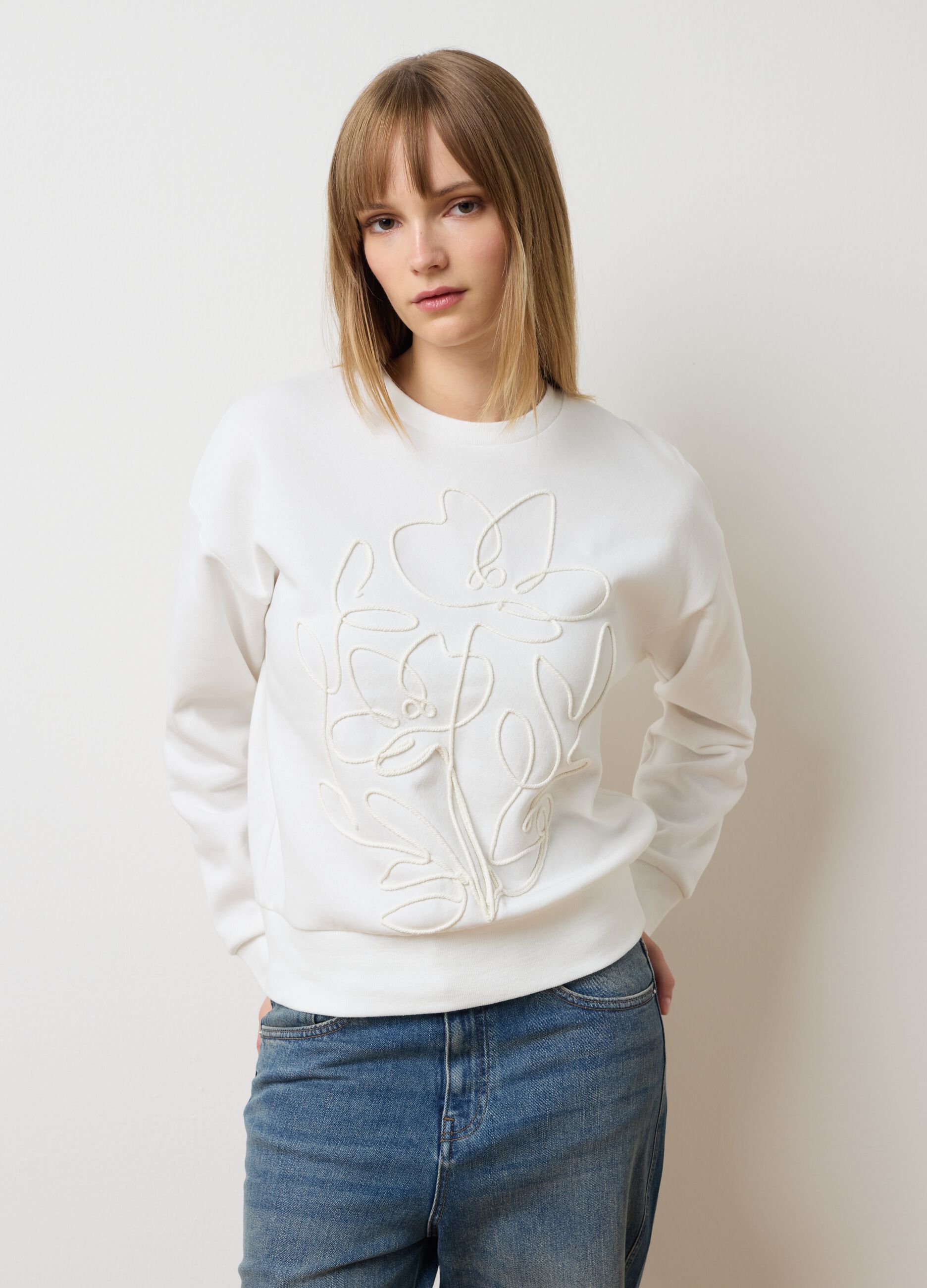 White Sweatshirt with Floral Embroidery
