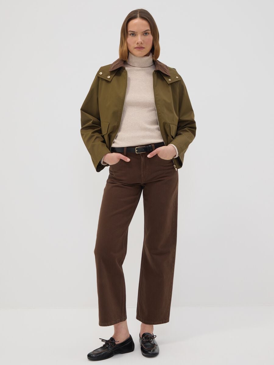 Giacca parka verde con cappuccio e collo a coste in misto cotone_1