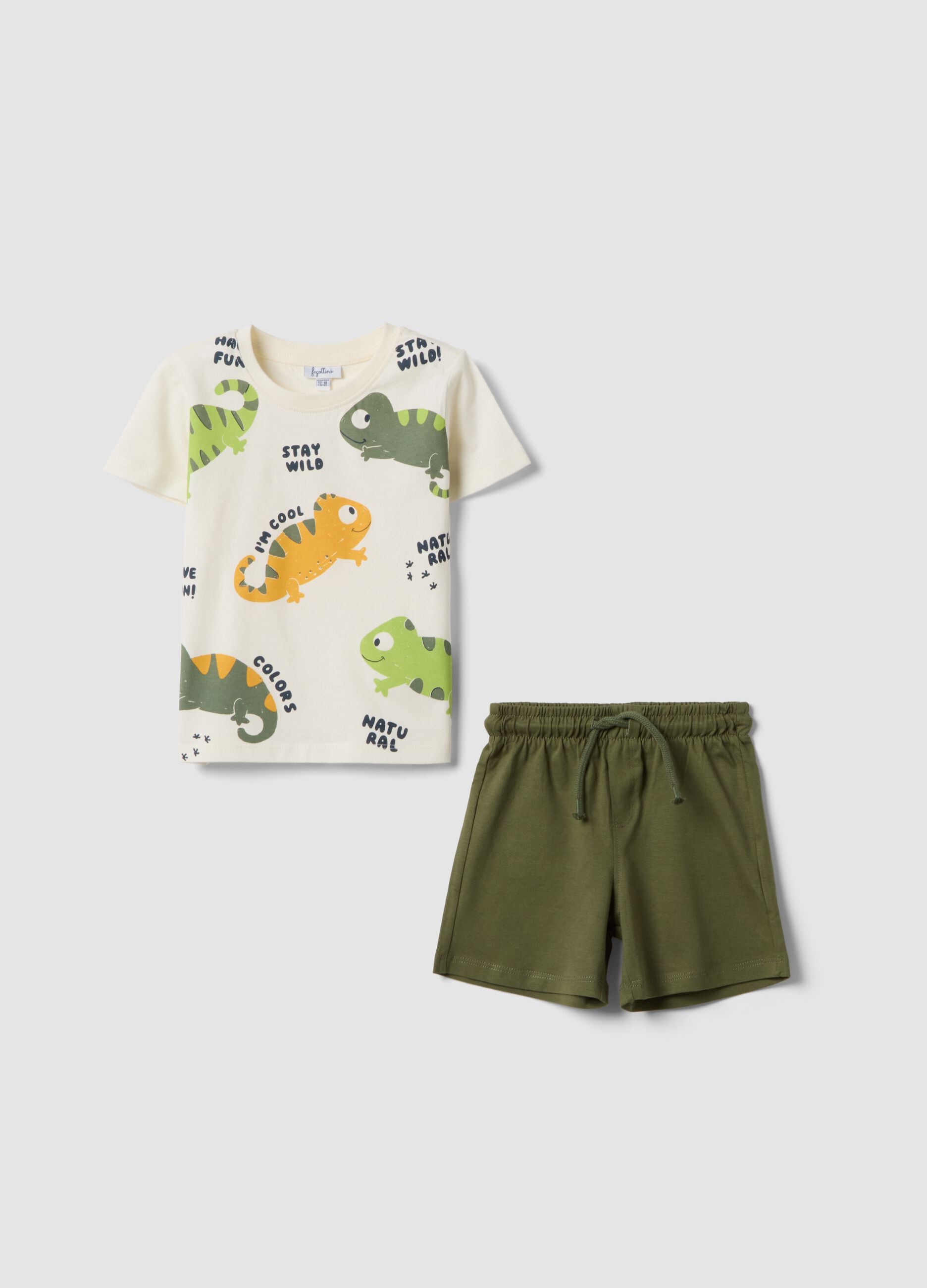 White and green pure cotton set with T-shirt and shorts