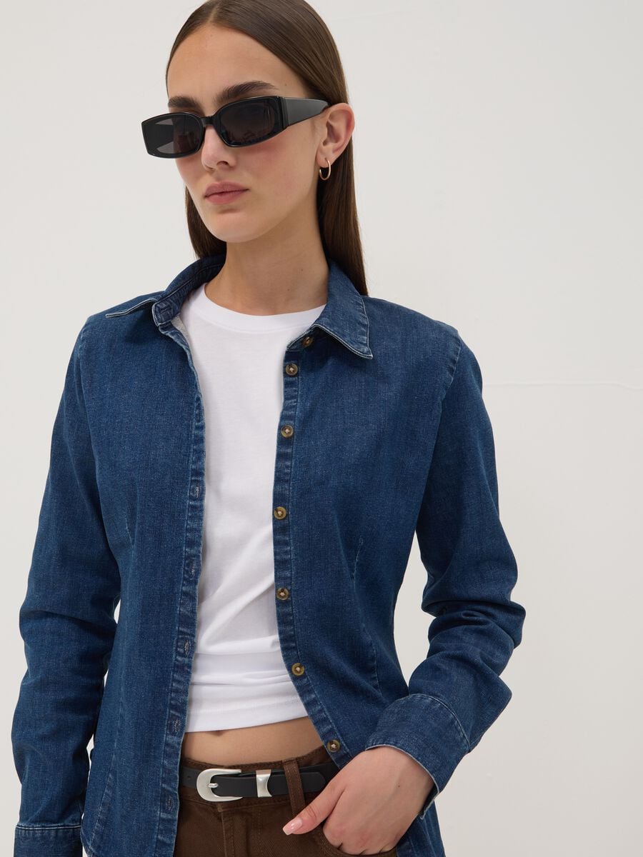 Blue slim-fit stretch cotton denim shirt_0