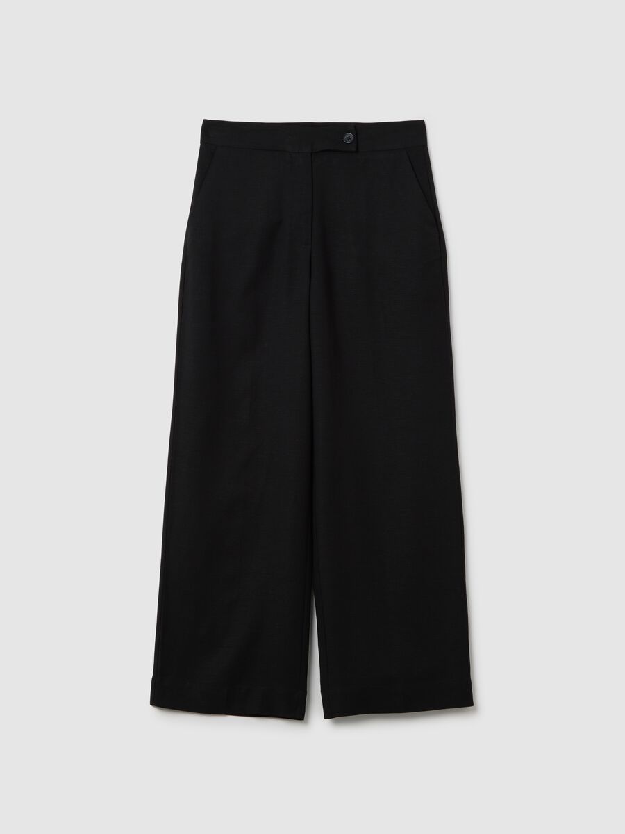 Women's black regular-fit trousers in viscose and linen blend_4