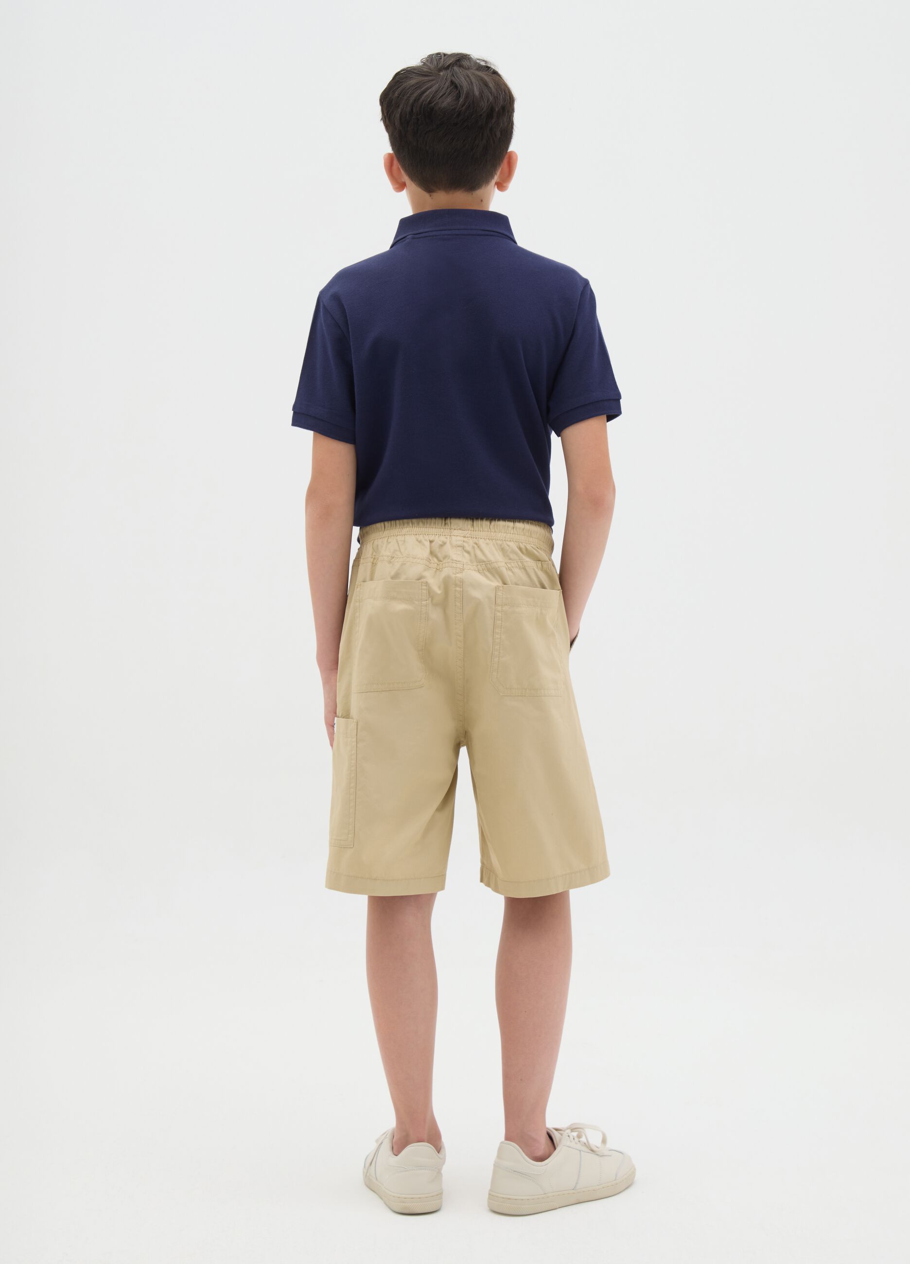 Shorts da ragazzo in puro cotone beige regular fit con coulisse