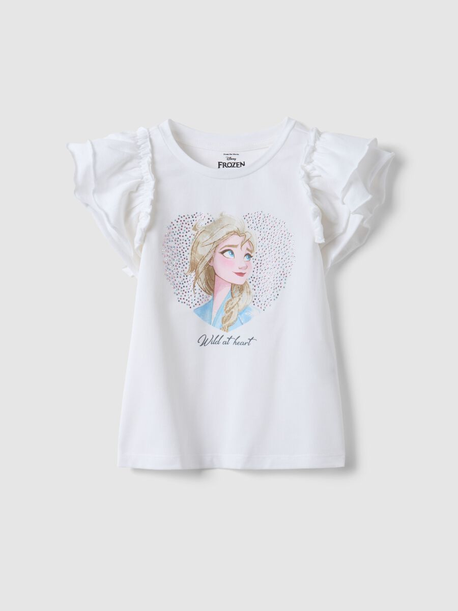 Girls' white stretch cotton T-shirt with frills and print_0