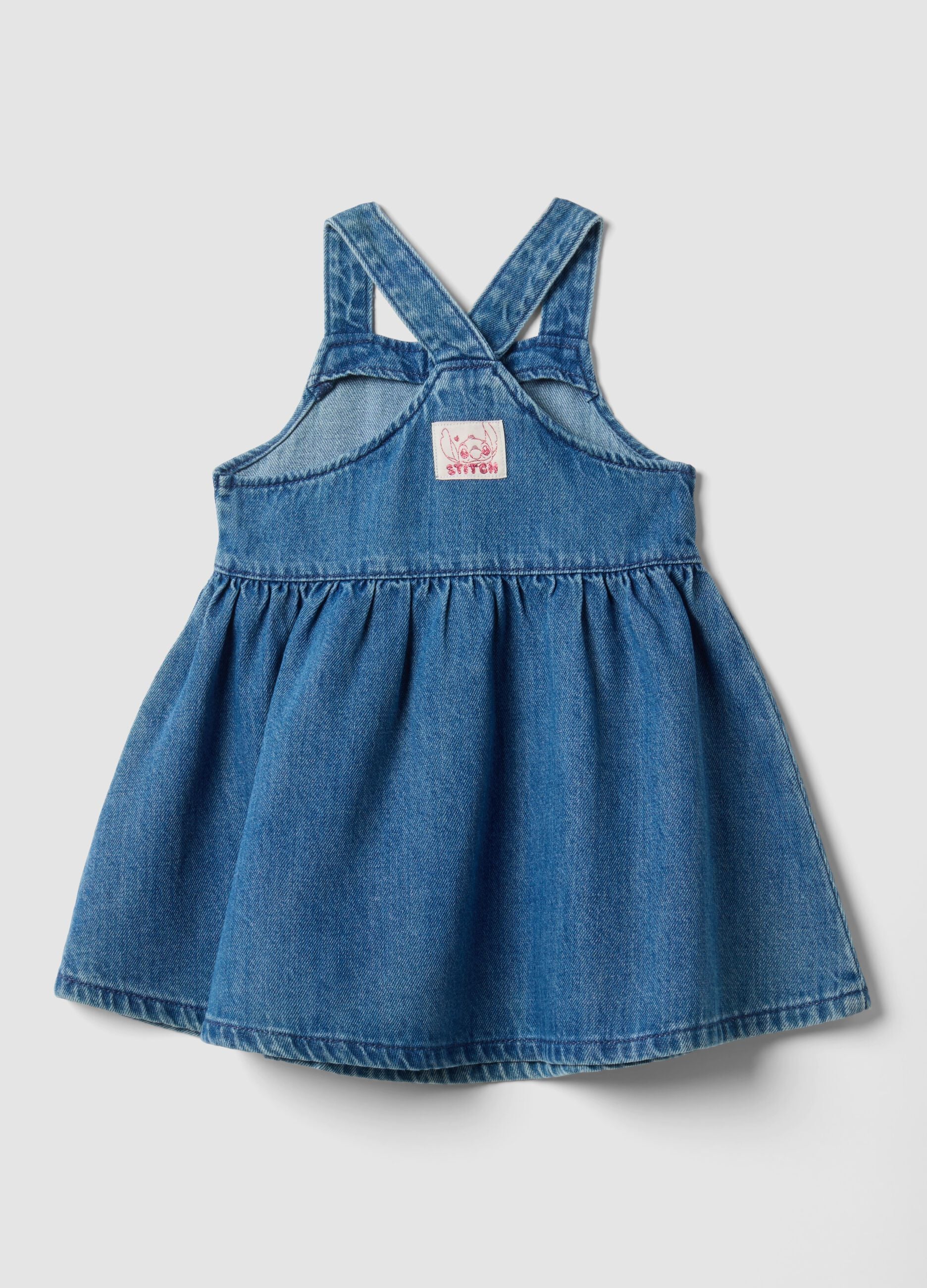 Blue denim cotton and viscose blend dress with Lilo & Stitch print for baby girl