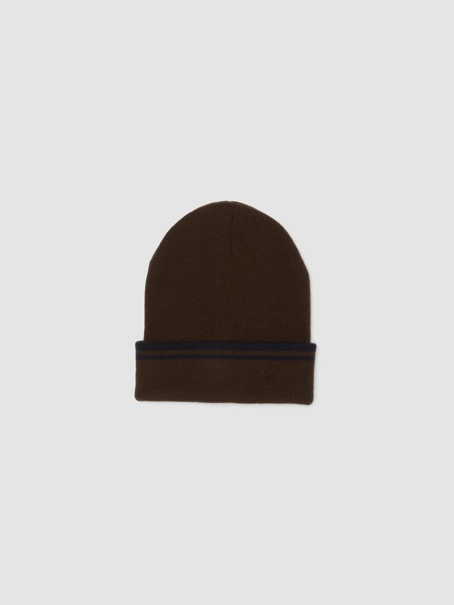 Brown jersey-knit beanie with striped turn-up_0