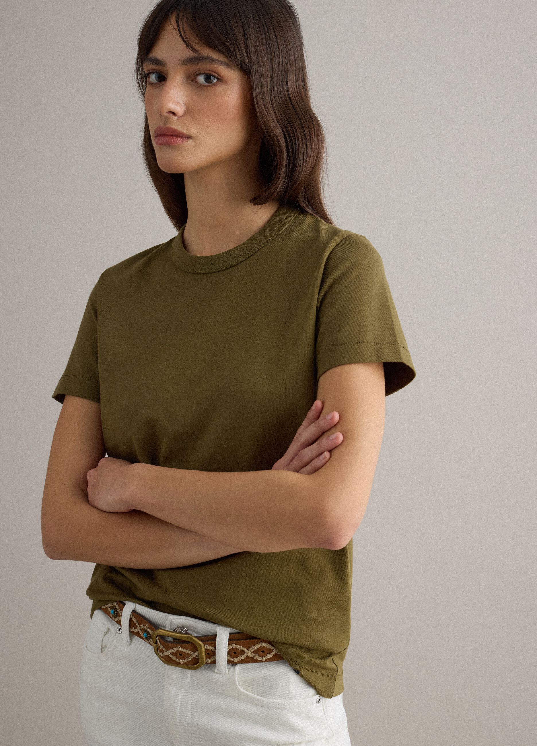 Green pure cotton crew-neck T-shirt, regular fit