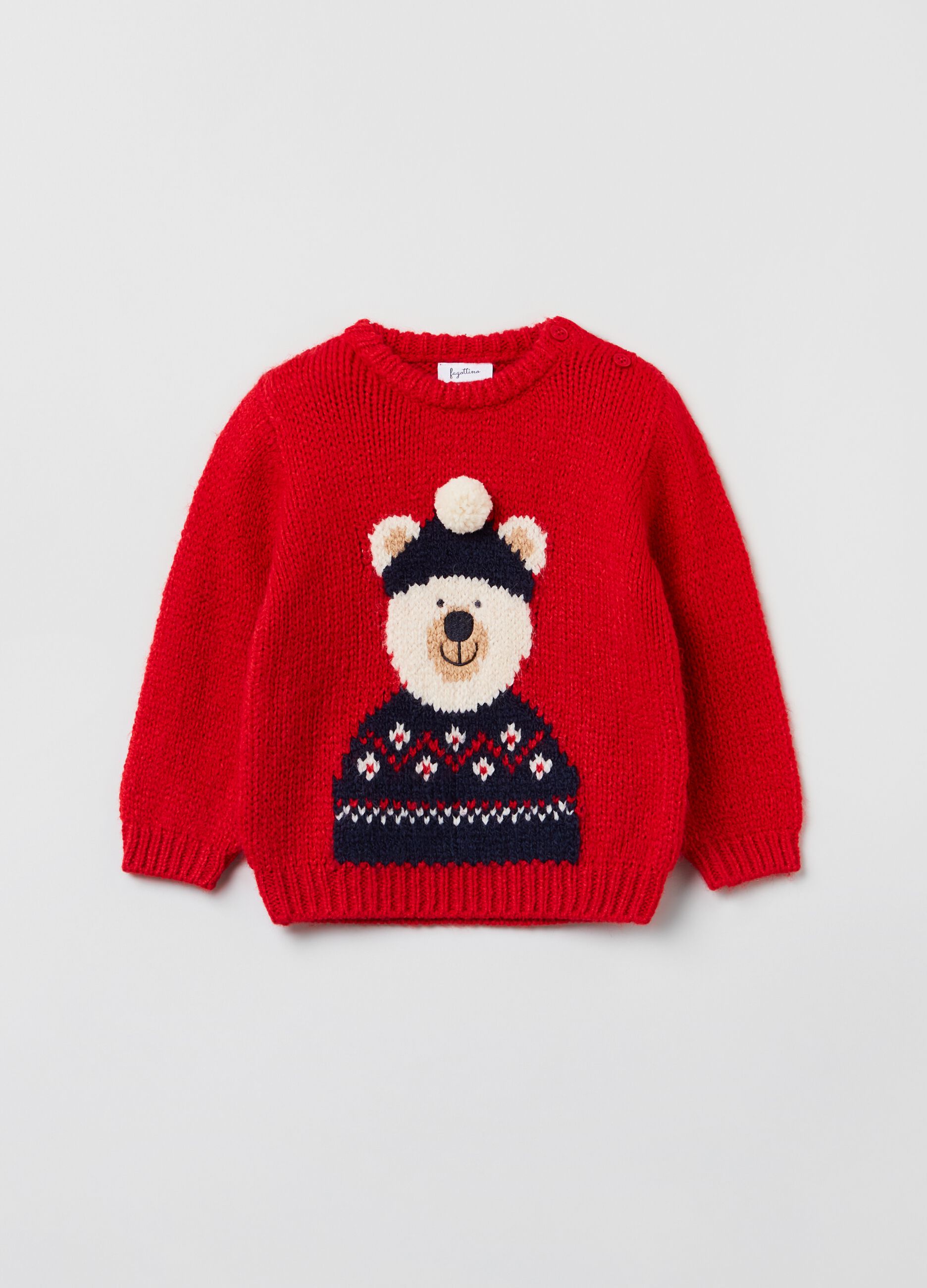 Pullover con orsetto jacquard e pon pon