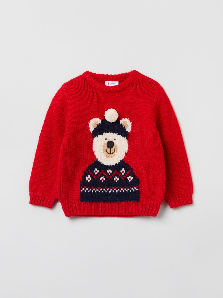 Pullover con orsetto jacquard e pon pon_0