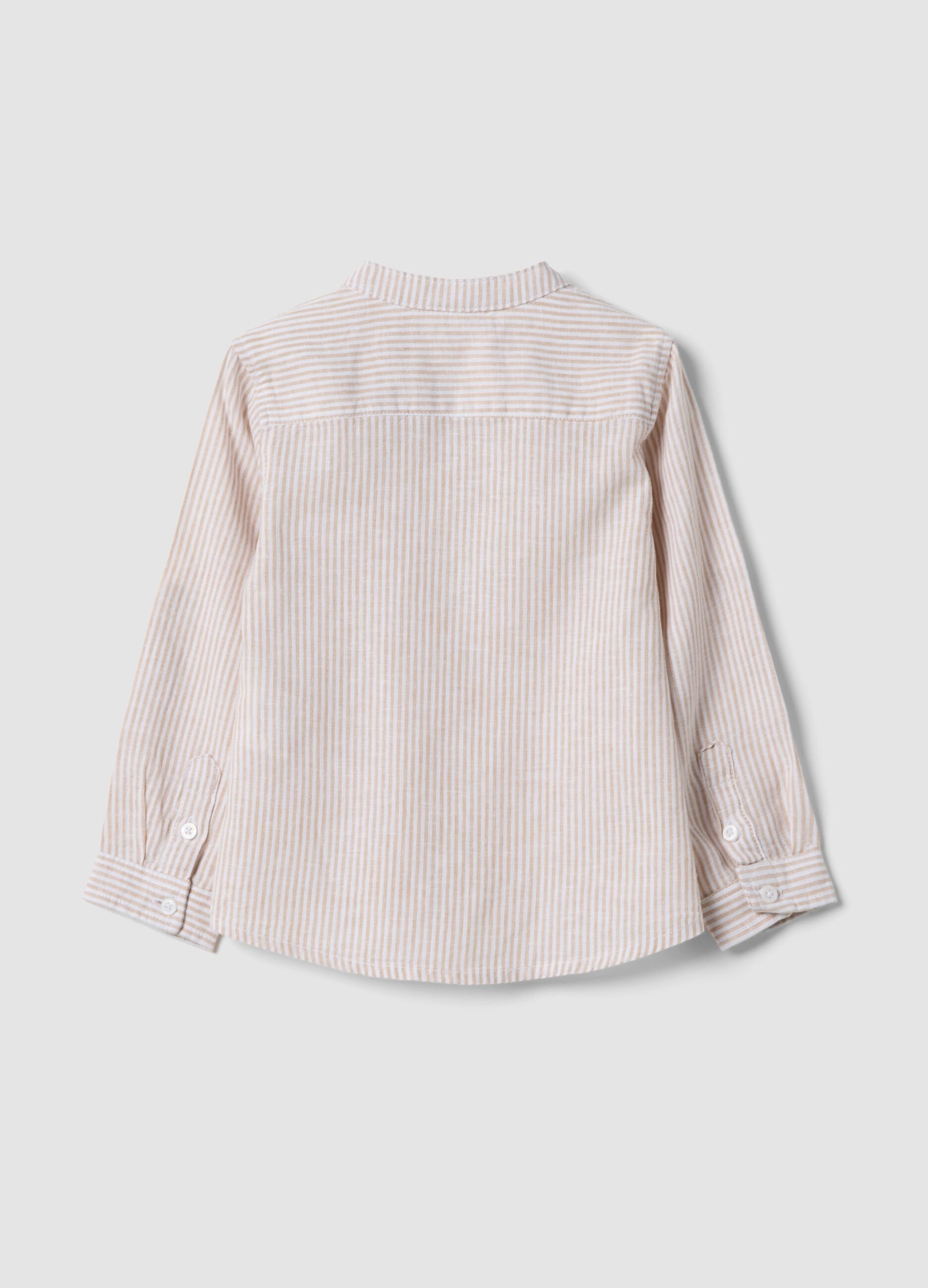 Camicia a righe bianche e beige in misto lino e cotone da bimbo