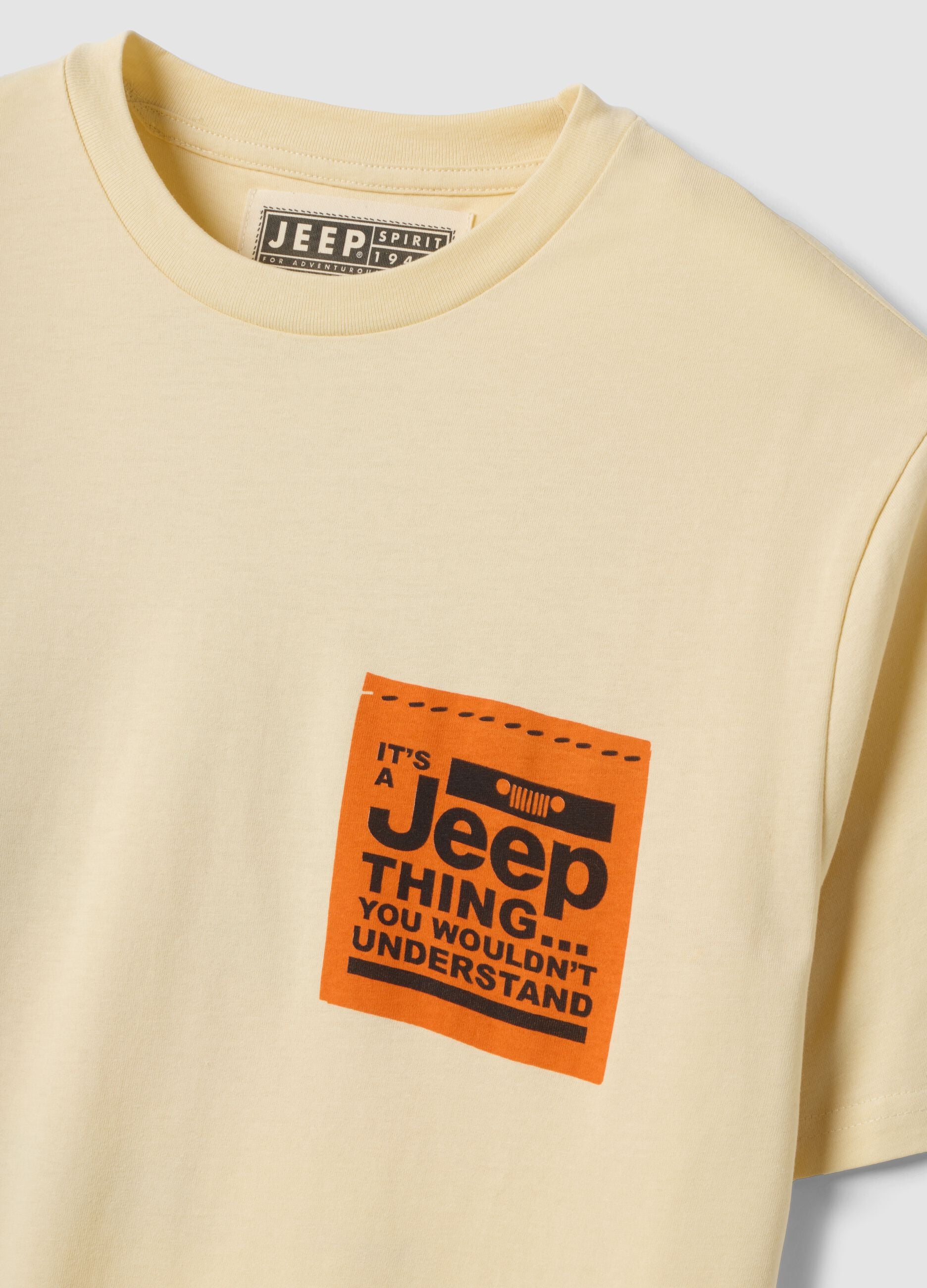 Beige pure cotton crew-neck T-shirt with Jeep print