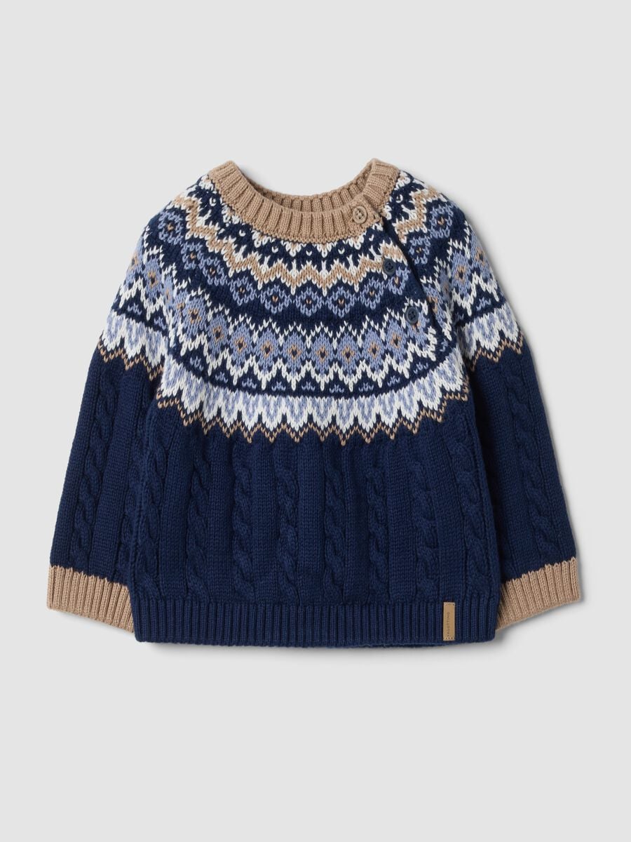 Maglione blu jacquard in puro cotone organico a trecce regular fit_0