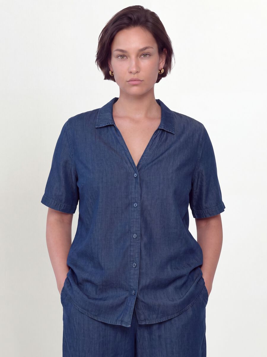 Camicia blu in puro lyocell a maniche corte regular fit_0