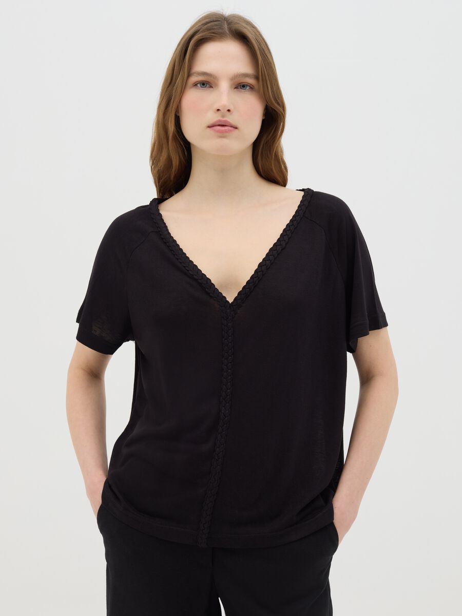 Black V-neck Woven Ovs T-shirt_0