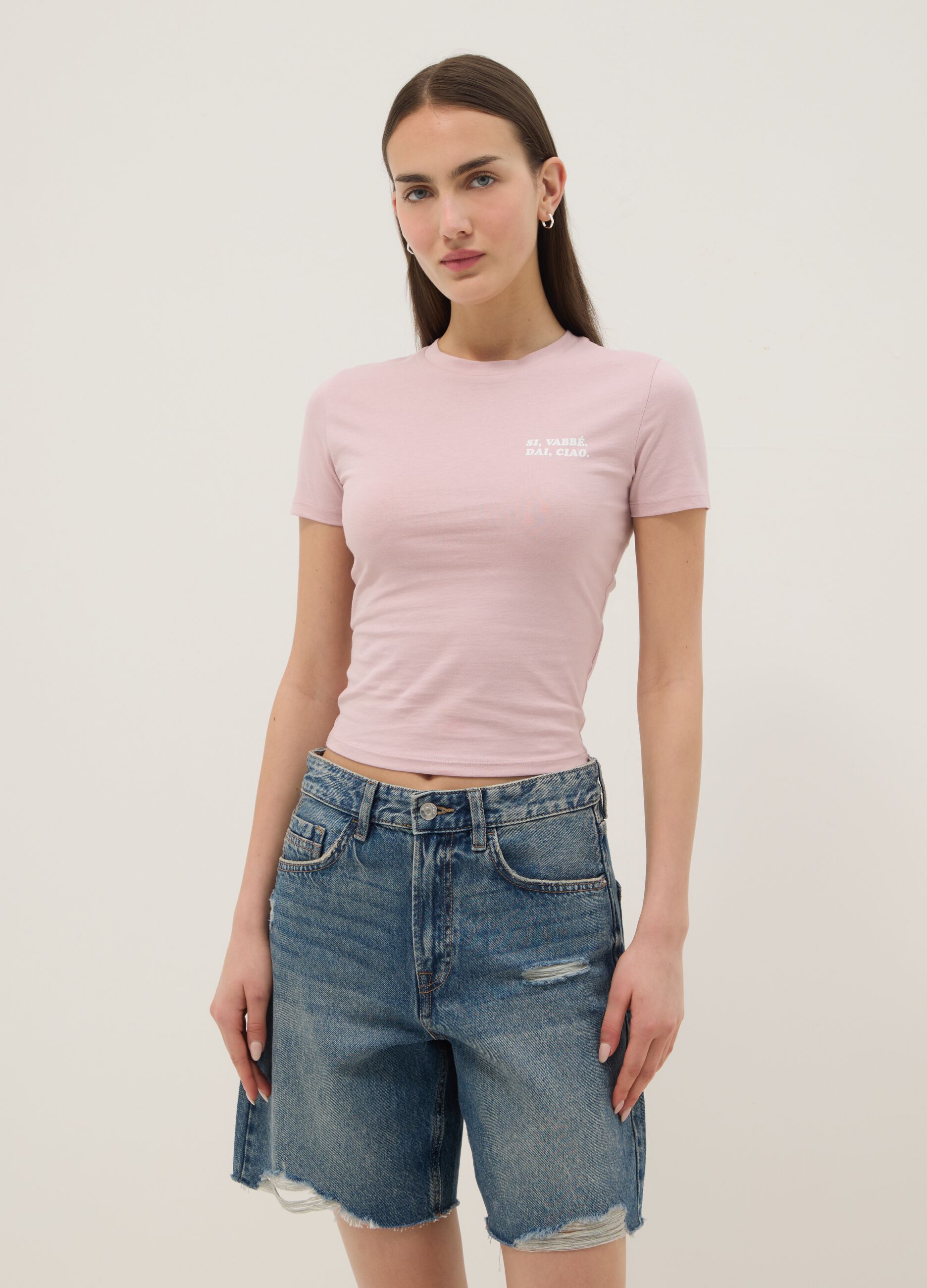 T-shirt in puro cotone rosa slim fit con scritta