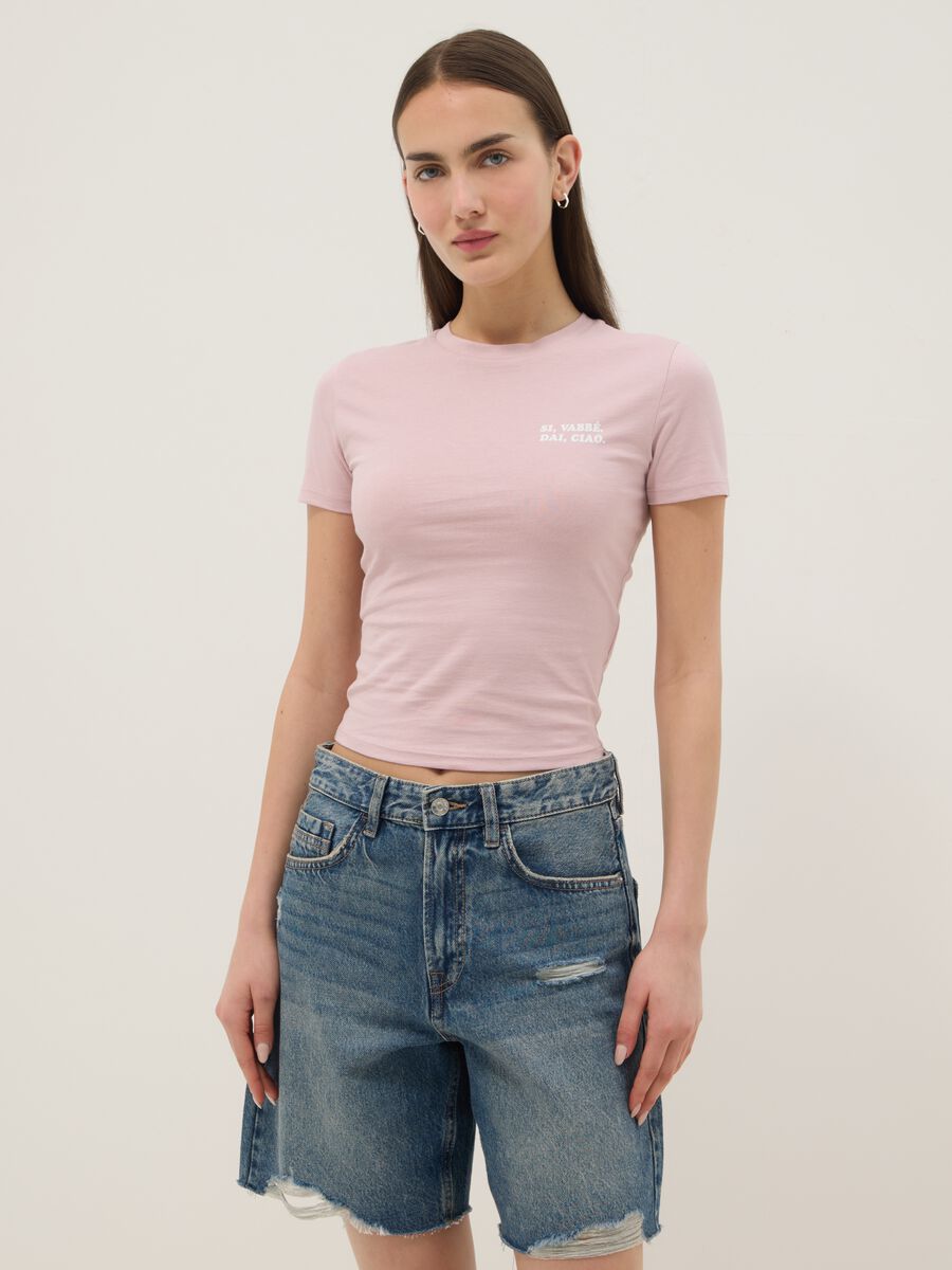 Slim fit pink pure cotton t-shirt with print_1